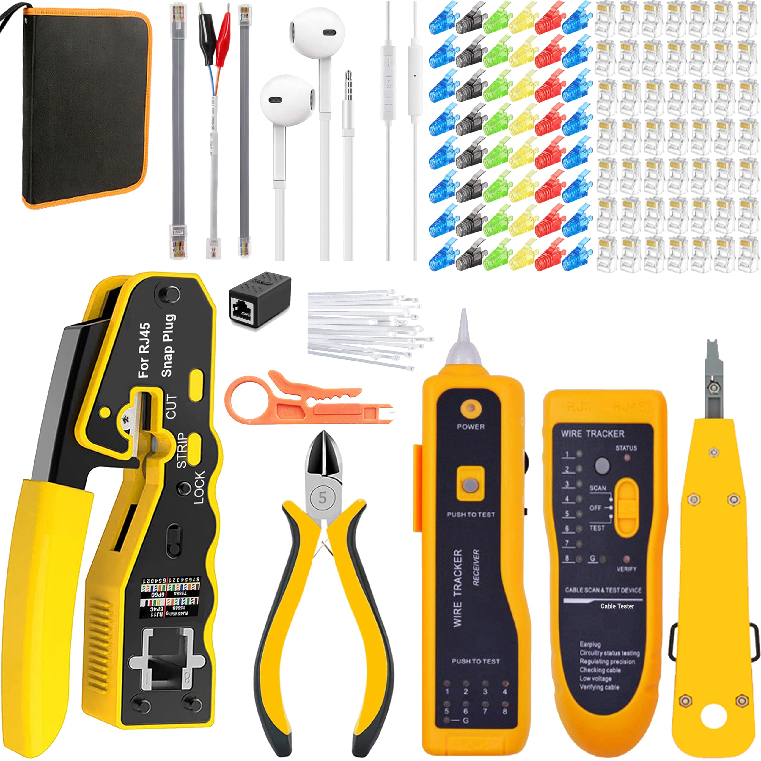 LEATBUY - Kit di crimpatura CAT5 CAT6 RJ45, 50 crimpare RJ45, connettori LAN Ethernet, 50 coperture, tester per cavi di rete, taglierina perforatrice (oro)