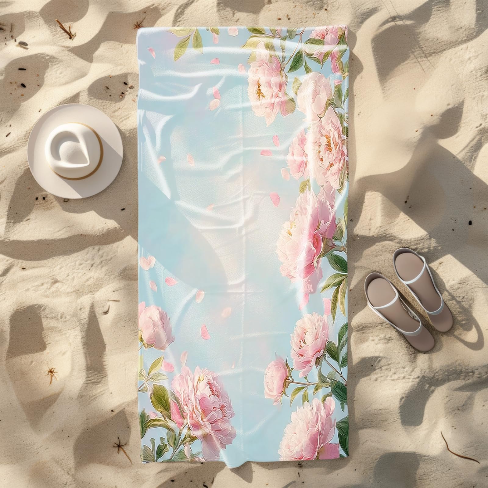 Générique Serviette de Plage XXL Fleurs Roses Bleues | Grande Taille Serviette de Plage et Douche Avec Elastique Microfibre Absorbante et Légère Sport Séchage Rapide