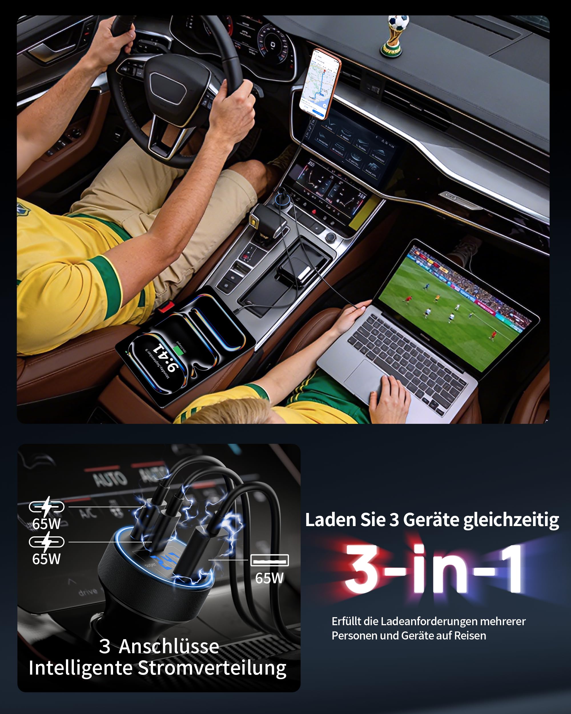 130W Zigarettenanzünder USB-C & USB-A Auto Ladegerät mit LED Voltmeter, 3-Port KFZ Ladegerät mit 1M Typ-C Kabel, 12V Adapter Handy Schnellladegerät Car Charger für iPhone 17 16 15, Samsung, Android