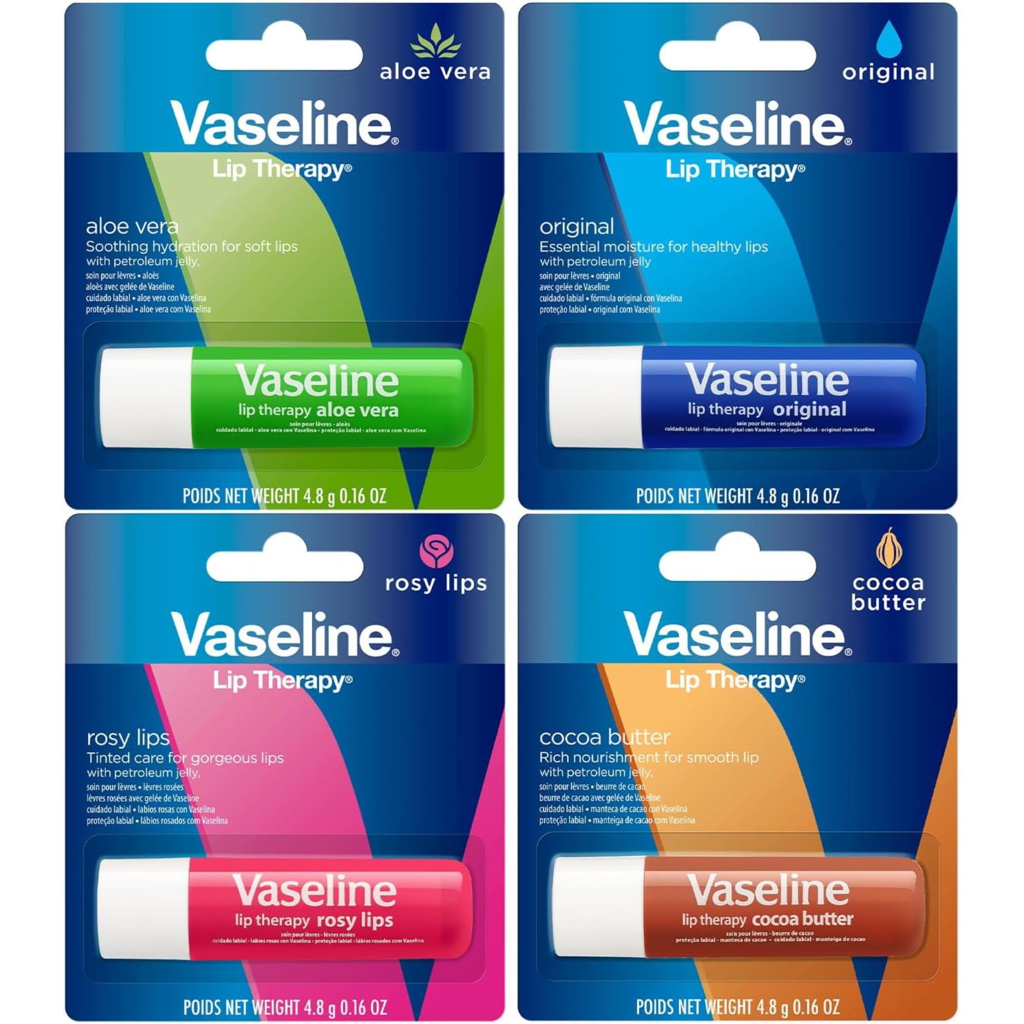Vaseline Lip Therapy Variety 4-Pack: Moisturizing Vitamin E Lip Balm Set Sticks Featuring Vaseline Cocoa Butter with Long-Lasting Lip Balms | DD Thank You Card