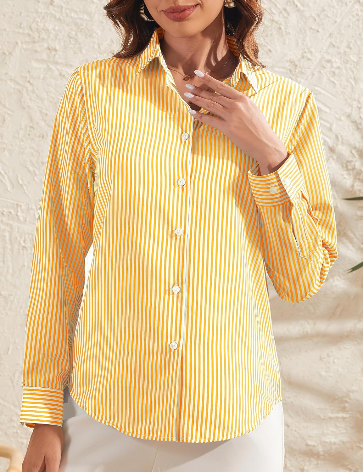 LOMON Button Down Shirt for Women Spring Summer Tops Long Sleeve Business Dressy Casual Blouses Collared Work Outfits Clothes - Image 2