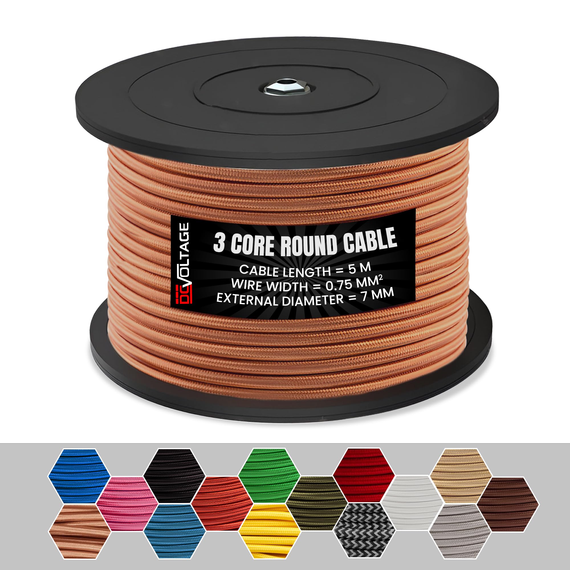 DC VOLTAGE 5m Rose Gold Vintage 3 Core Round Cable Fabric Cloth Covered Electrical Wire, 16.4ft 3 Conductors 18 Gauge Textile Electric Cable Wire Coated in Colored Vintage for Lighting DIY Project