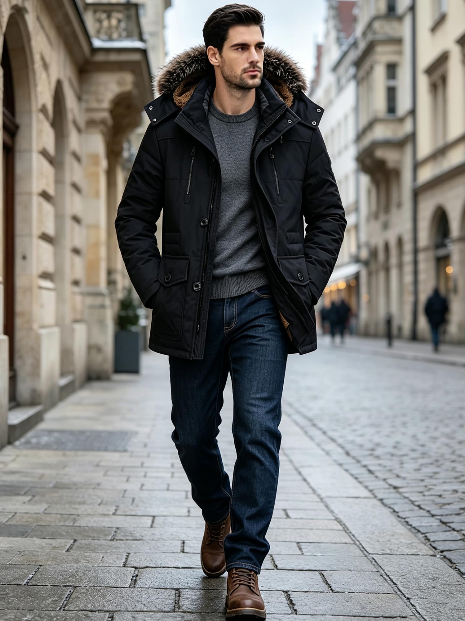 FTCayanz Herren Warme Winterjacke Parka Lang Wintermantel Mit Kunstfell Kapuze Outdoor Gefütterte Steppjacke Jacke