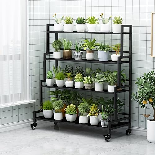 Miniatura 2 de YIZAJIA - Soporte para plantas de interior de 4 niveles de metal para exteriores, estante escalonado con rueda para múltiples plantas, escalera en