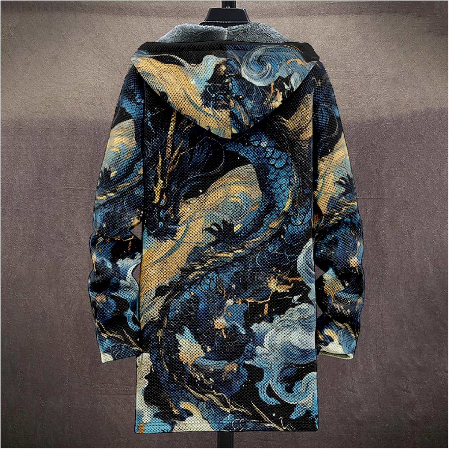 Stylish Dragon Mens Cardigan Sweater Warm Fleece Lined Long Hooded Cloak Cardigan Casual Full Zip Cool Jackets - Image 3