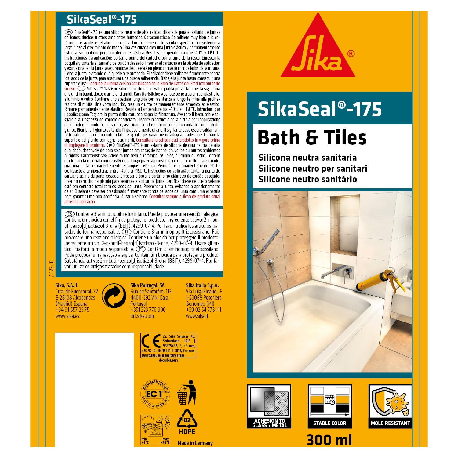 SIKA - Silicone sigillante per sanitari e piastelle - SikaSeal-175, Grigio - Ideale per bagni e cucine - Protezione antimuffa a lunga durata, non ingiallisce e garantisce igiene totale - 300ml