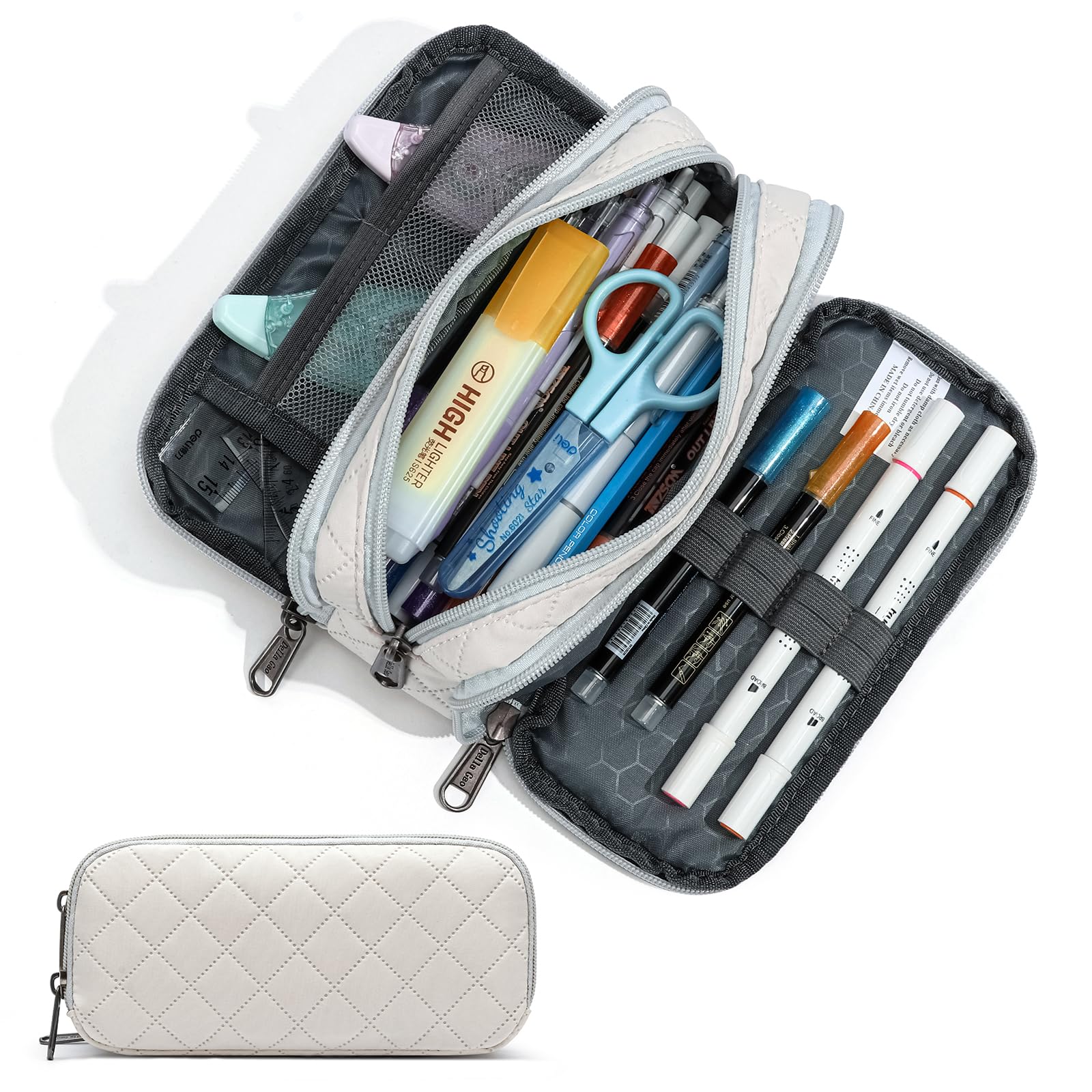 Della Gao Large Pencil Case, Big Capacity Pencil Pouch with 3 Compartments, Office Pencil Bag with Zipper, Big Pen Case for Adults (Beige-03RH)