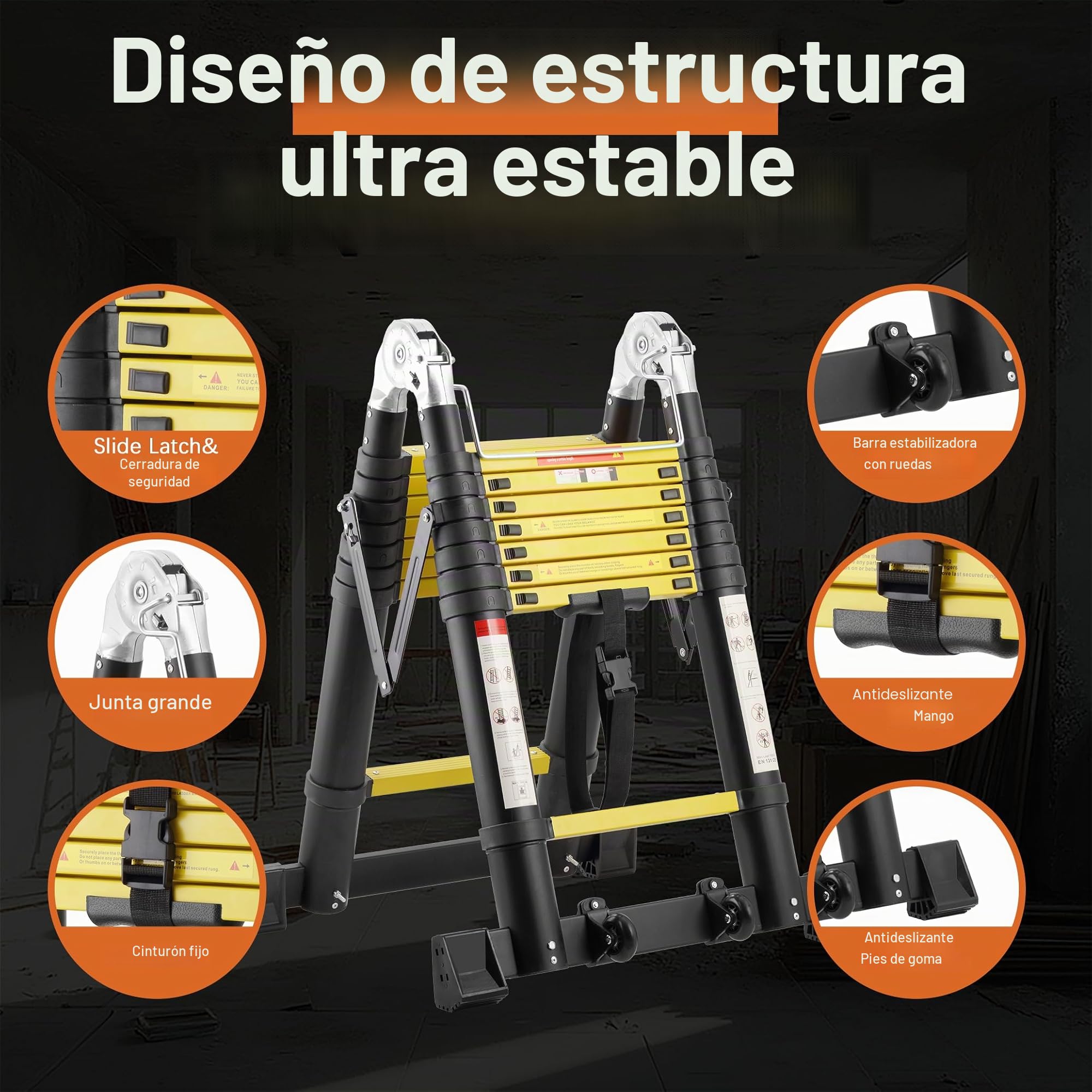 TEENO 5M (2.5+2.5) Escalera Telescópica de Aluminio, Escalera Multipropósito Antideslizante Escaleras Telescópicas Portátiles con 2 Polea Doble y Barra Estabilizadora, Carga Máxima 150 kg, Negro