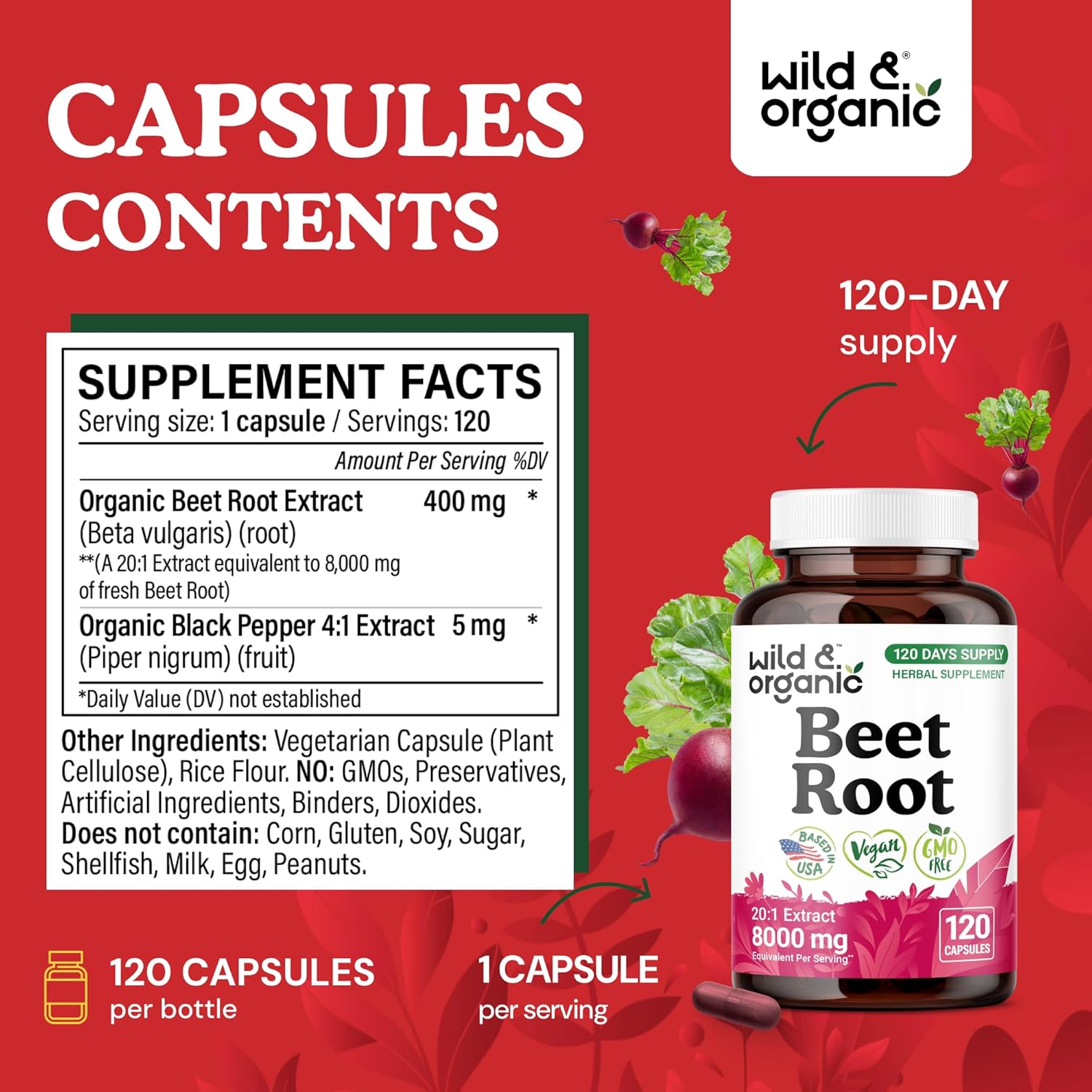 Wild & Organic Beet Root Capsules 8000 mg - 20:1 Beetroot Extract - 120 Vegan Capsules - Black Pepper Extract for Fast Absorption - Beet Root Extract Supplement - 120 Days of Supply - Non-GMO - Image 3