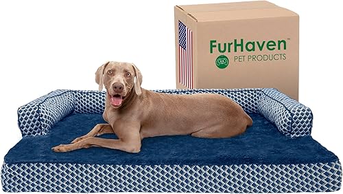Furhaven - Cama de espuma viscoelástica para perro, cómodo sofá de felpa y decoración estilo sofá con funda extraíble y lavable, color azul