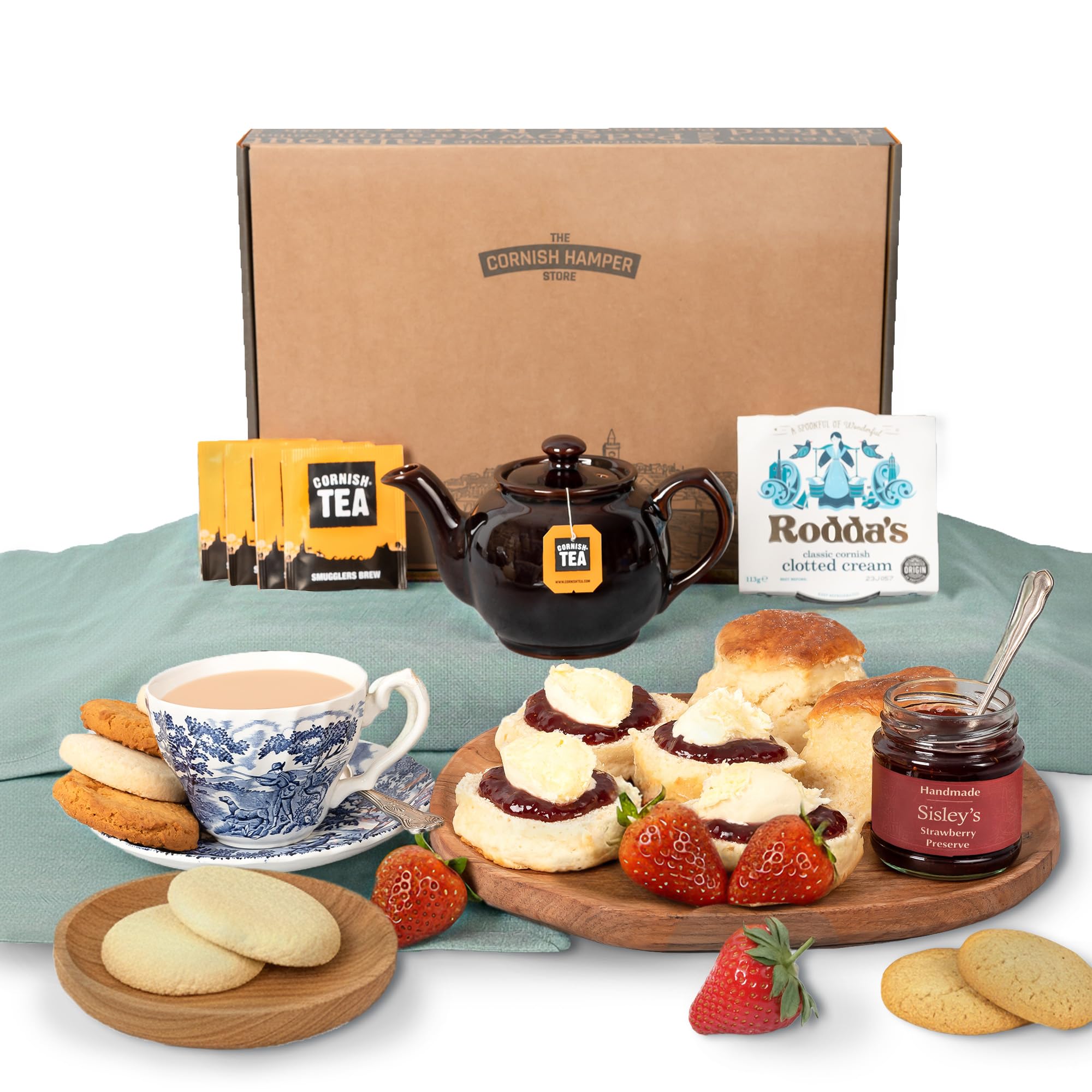 Cornish Afternoon Cream Tea Hamper, 4 Person Luxury Tea Set with Fresh Scones, Jam & Roddas Clotted Cream | Birthday Gifts for Men & Women, Birthday, Anniversary, Thank You, Food Hamper