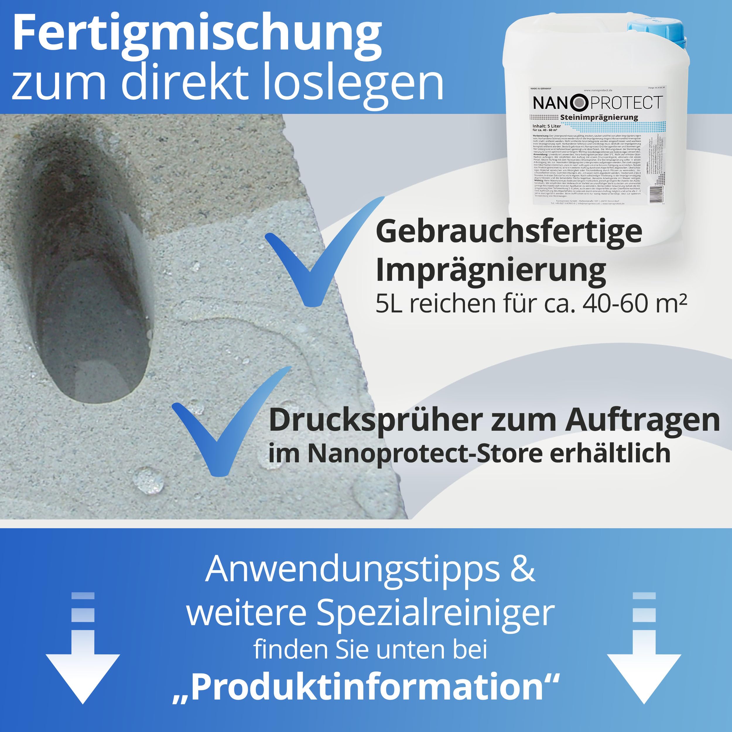 Nanoprotect Steinimprägnierung | 5 L für ca. 40 – 60 m² | Vorbeugend gegen Grünbelag und Einschmutzung | Ideal für Pflastersteine, Beton und Fassaden | Profi Qualität
