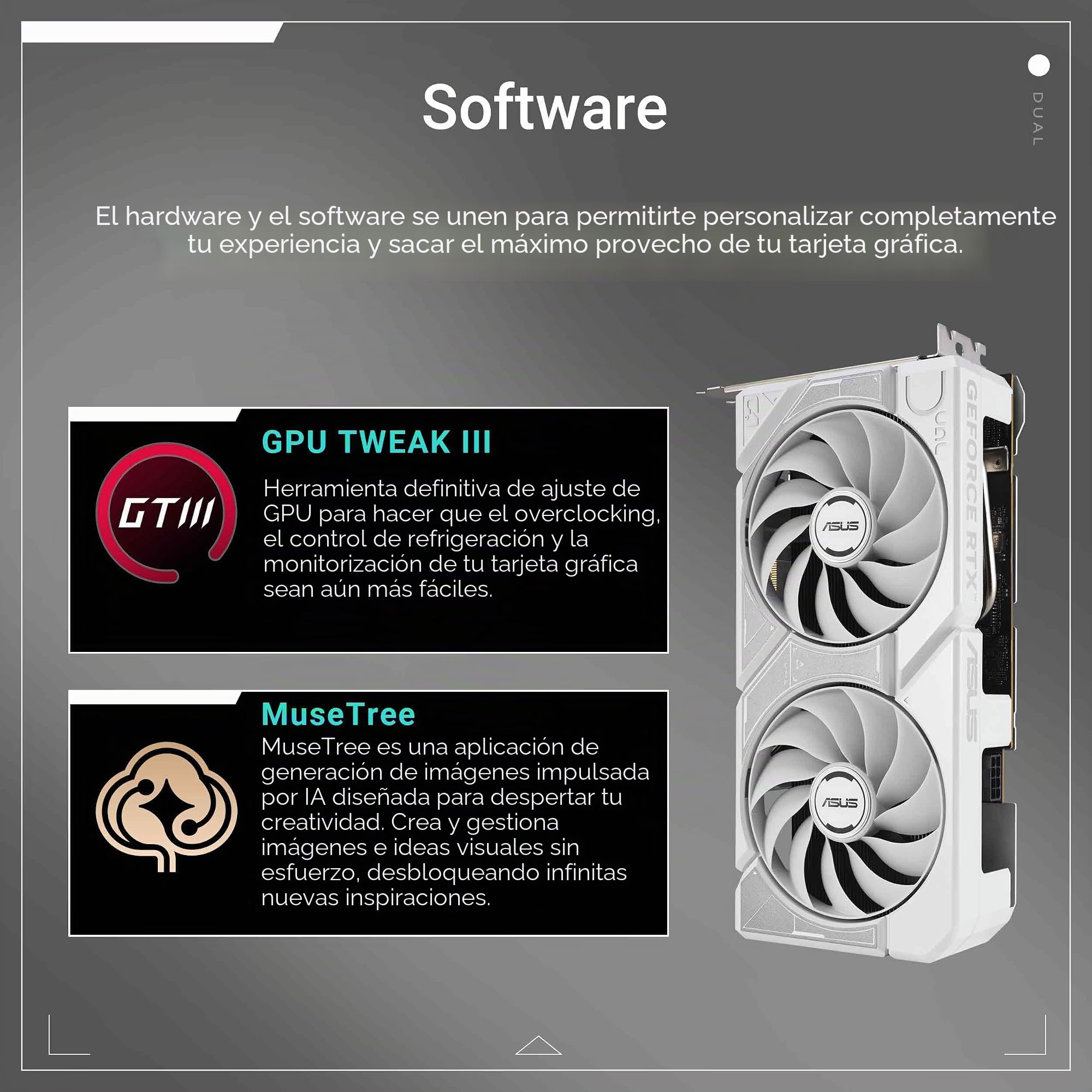 ASUS Dual GeForce RTX 5060 8GB GDDR7 White Edition (PCIe 5.0, 8GB GDDR7, DLSS 4, HDMI 2.1b, DisplayPort 2.1b, 2.5 Ranuras, diseño de Ventilador de tecnología axial, tecnología 0dB, BIOS Dual y más)