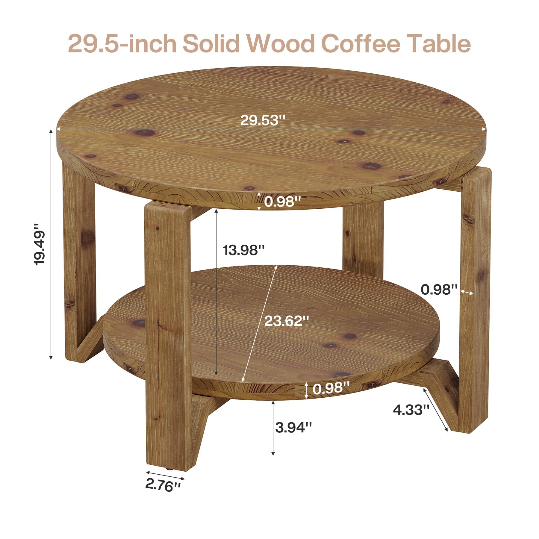 Tribesigns Mesa de Centro Redonda de Madera Maciza, 80cm Mesa Centro Madera de 2 Niveles con Estantes de Almacenamiento, Moderno Acento de Madera Central para Sala de Estar, Oficina en Casa, Marrón
