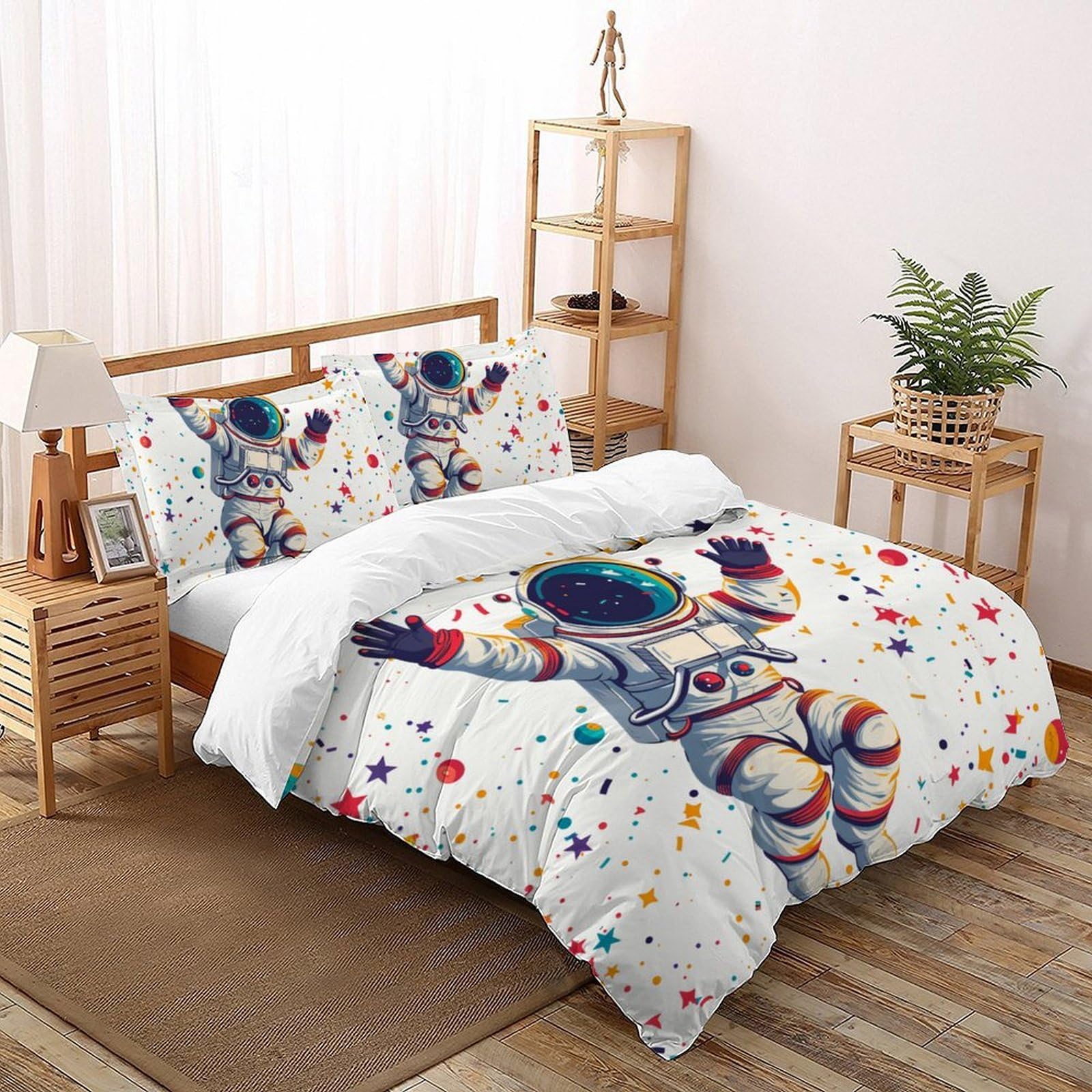 Housse de couette astronaute en tissu doux lavable sans repassage pour lit enfant 3 pièces