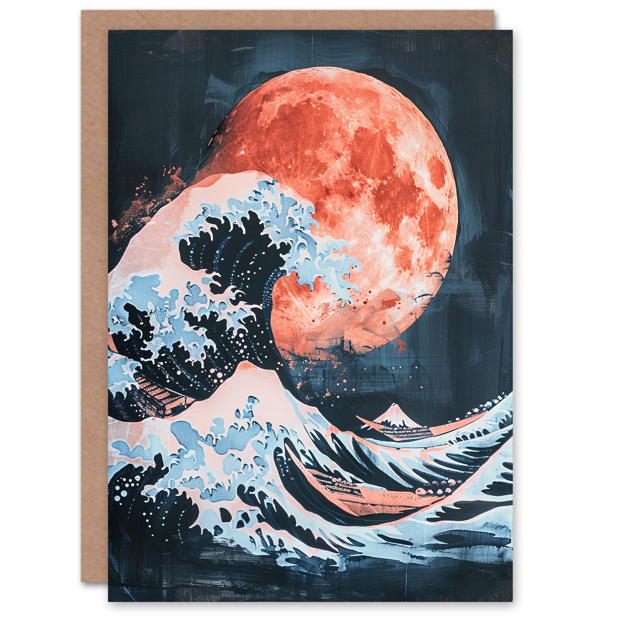 Artery8 Greeting Card Surreal Great Wave Blood Moon Sea Storm Painting Blank For Him Or Her Art Birthday Card