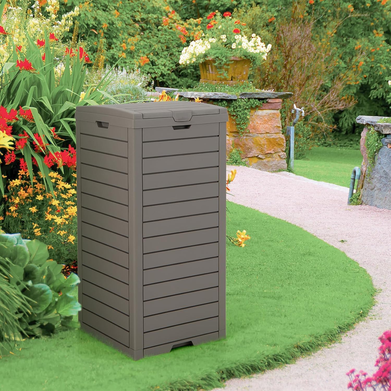 FANTASK Poubelle d'extérieur avec couvercle, bac à liquide extensible et poignée, 118 l, marron, poubelle étanche pour véranda, arrière-cour, terrasse