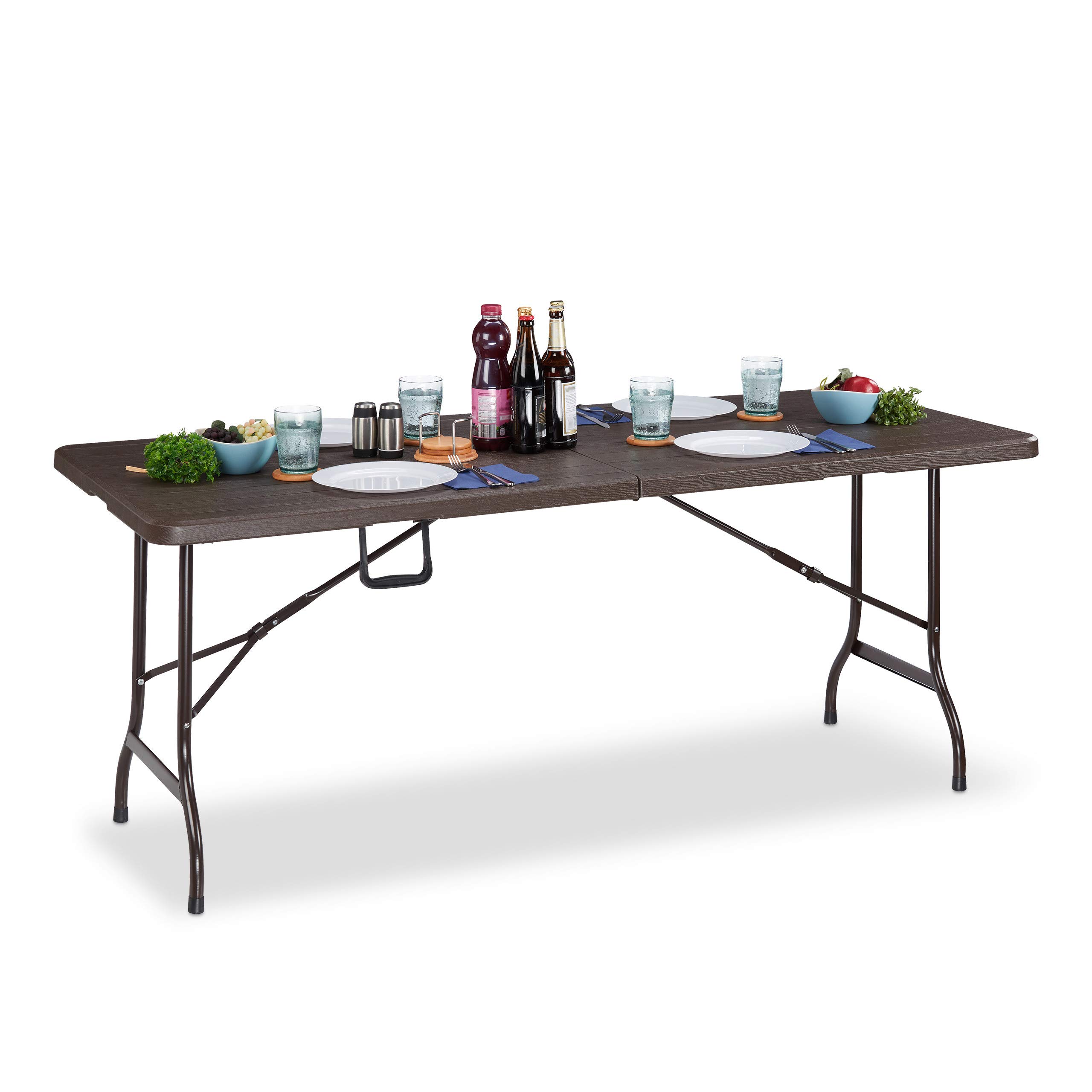 Relaxdays Tavolo Giardino, Aspetto Legno, Pieghevole, Plastica & Metallo, Esterni, Bistrò HLP: 73 x 180 x 74 cm, Marrone