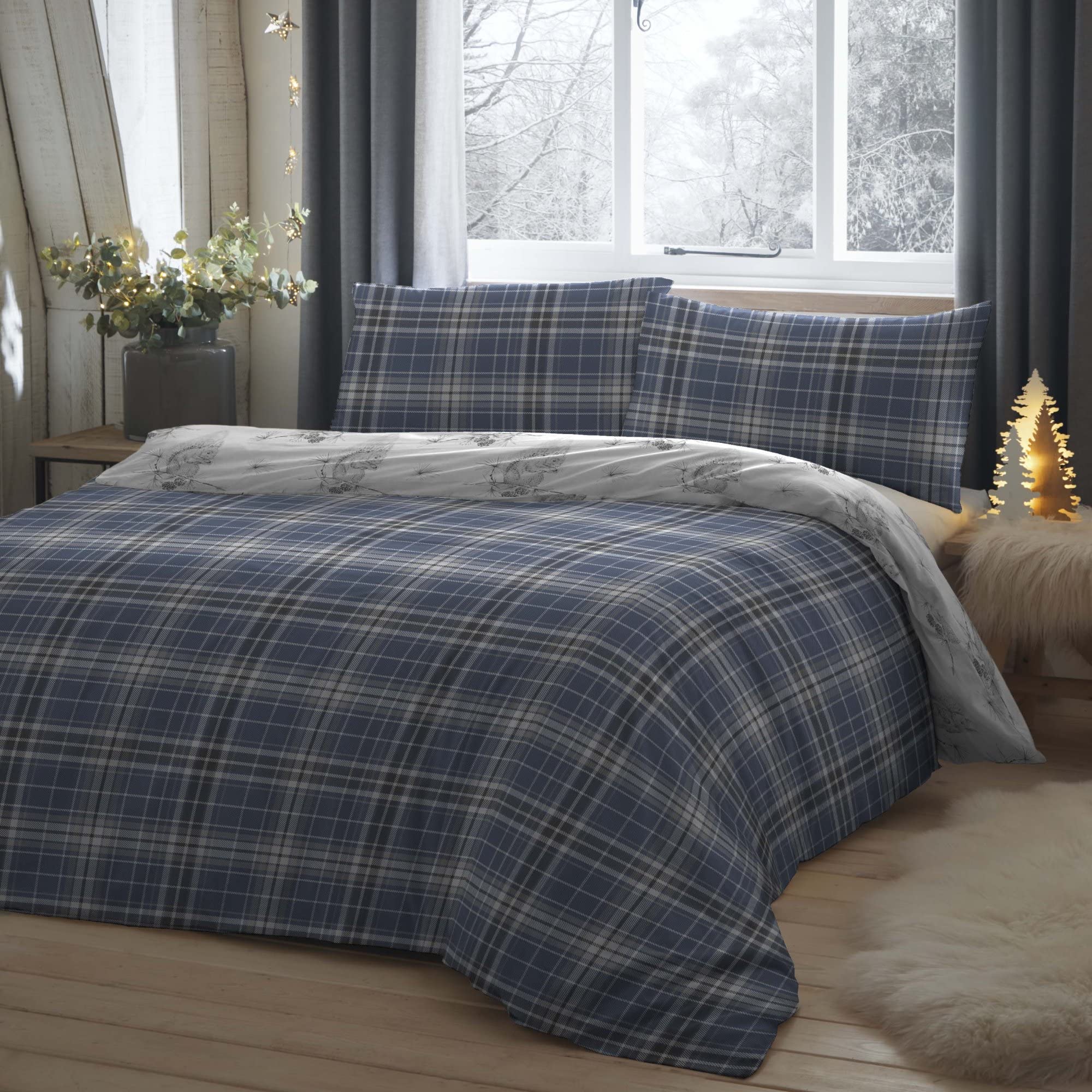 Dreams & Drapes Lodge - Keswick Check - 100% Brushed Cotton Duvet Cover Set - Single Bed Size in Blue
