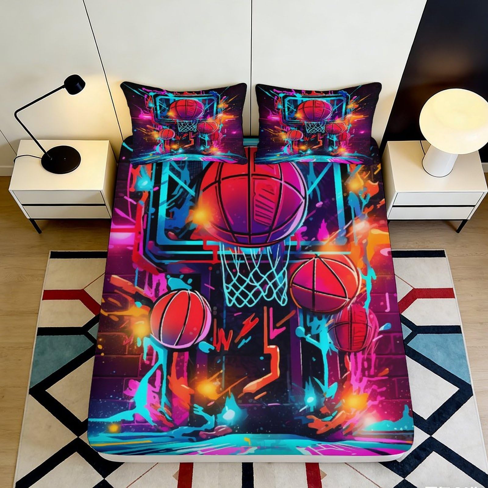 Jqzkxnhpbr Style-10 3D Printed Neon Basketball Fitted Sheet Microfiber Soft Breathable Graffiti Bed Cover For Bedroom Dorm Decor 90X200x25cm