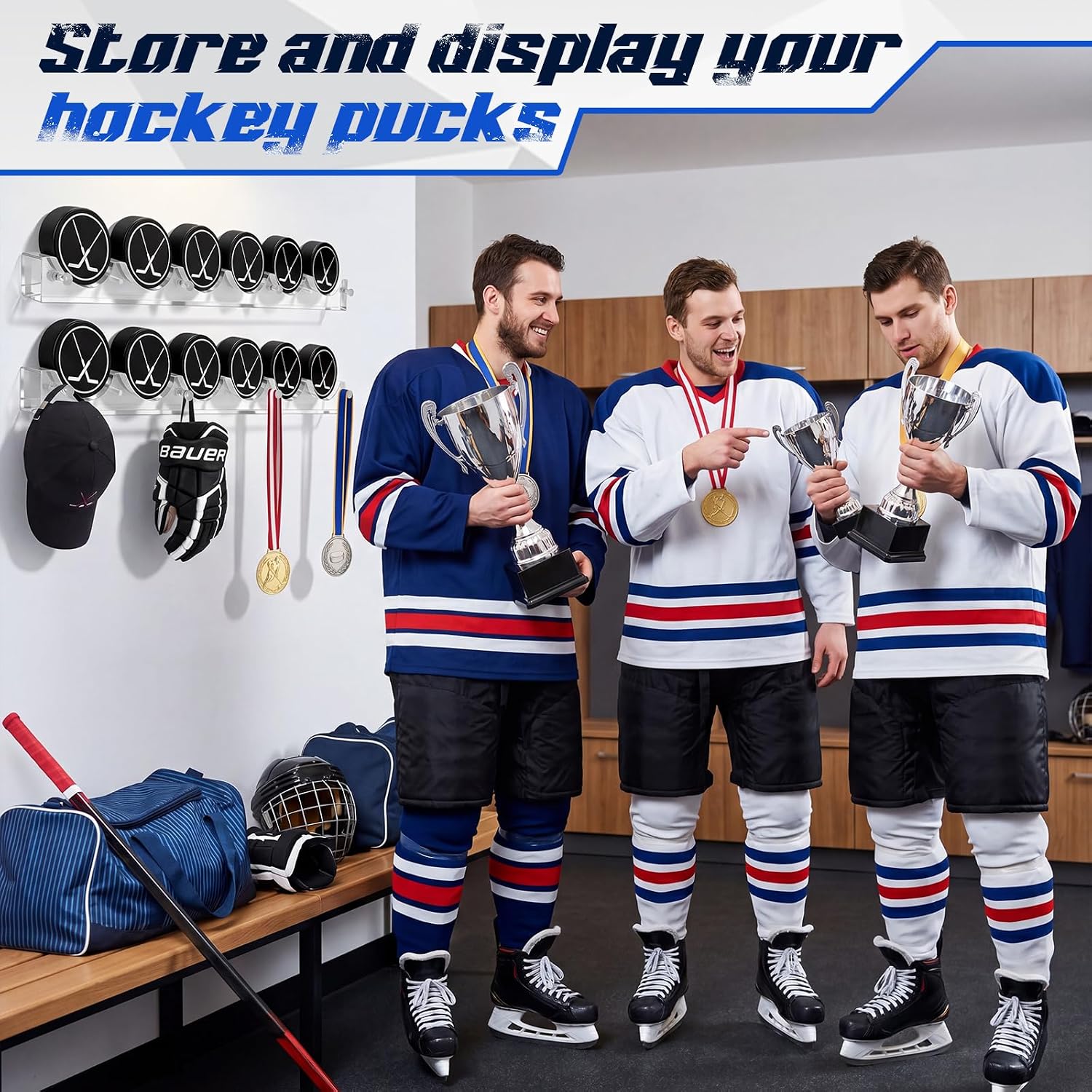 2 Pack Contains 12 Hockey Puck Display Case Wall Mount with 8 Hooks, Clear Acrylic Rack for Jersey Cap Memorabilia Storage, Easy Install, Home & Office Sports Decor