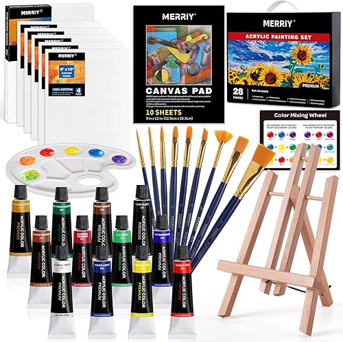MERRIY Juego de pintura acrílica para niños, kit de suministros de pintura artística con 12 pinturas, lienzo estirado de 10 x 12 pulgadas, caballete