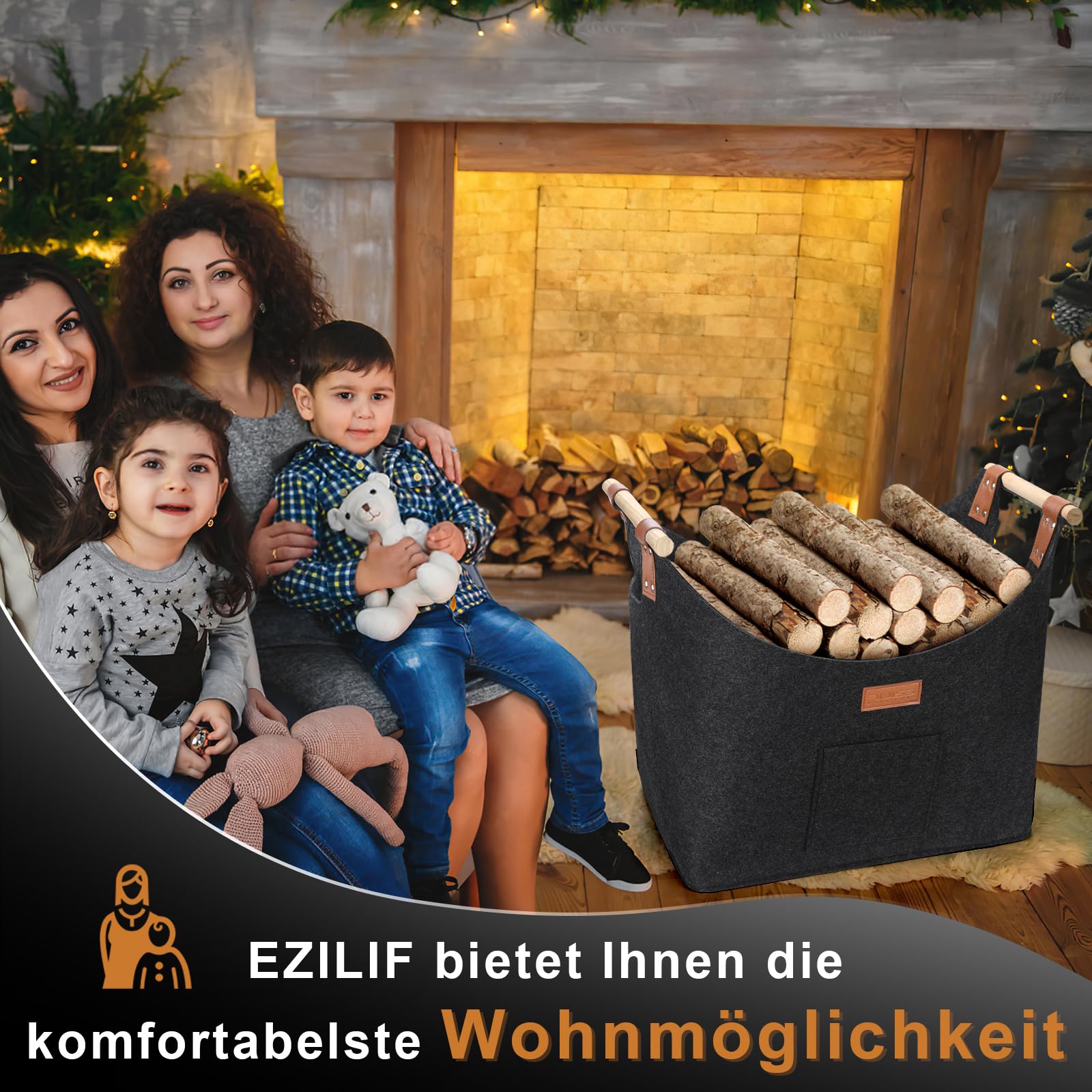 Kosz na drewno kominkowe XXL z podwójną wzmocnioną skórą, 100 l, z przodu, składany, 60 x 40 x 40 cm