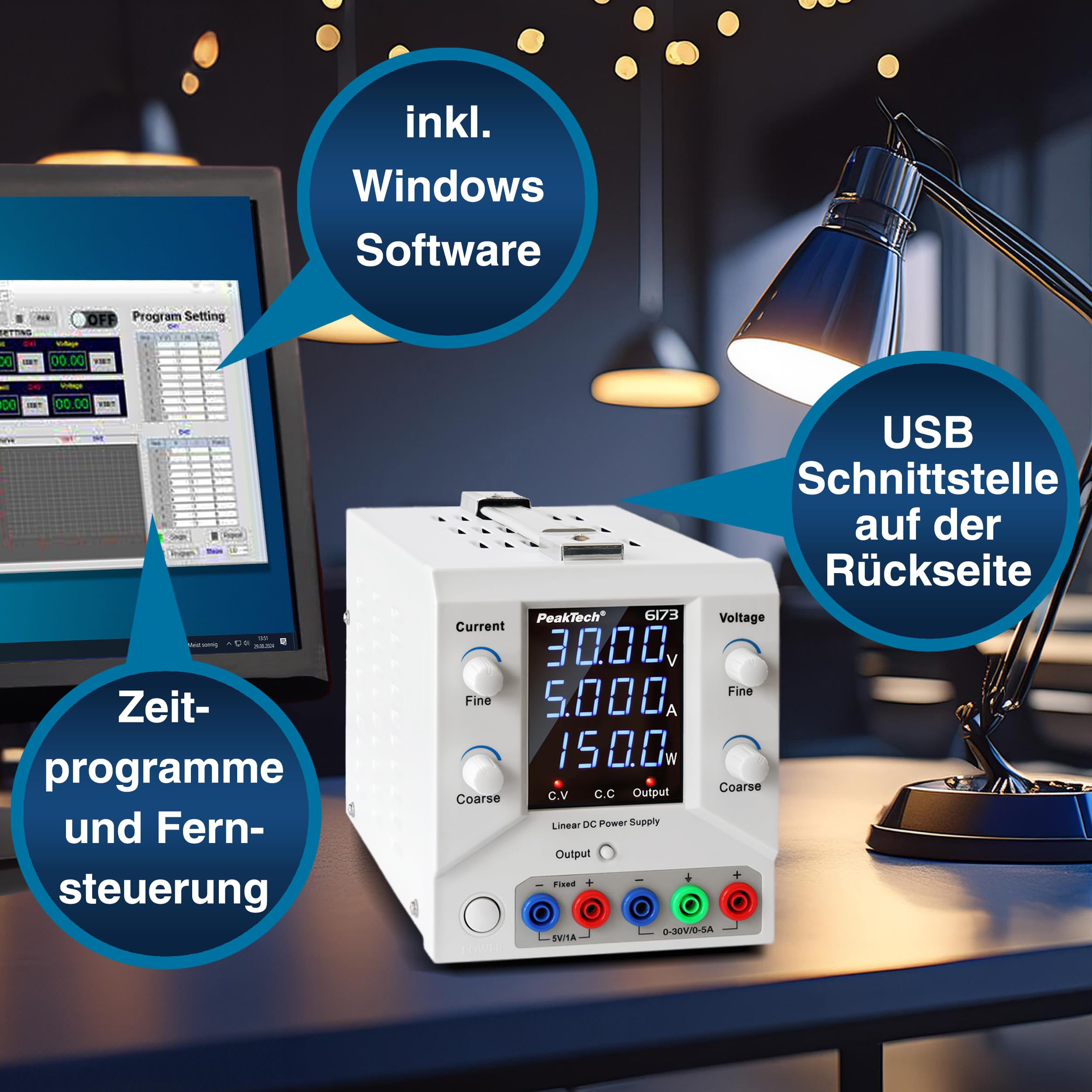 PeakTech 6173-1CH Labornetzteil DC 0-30V 0-5A 150W Labornetzgerät USB