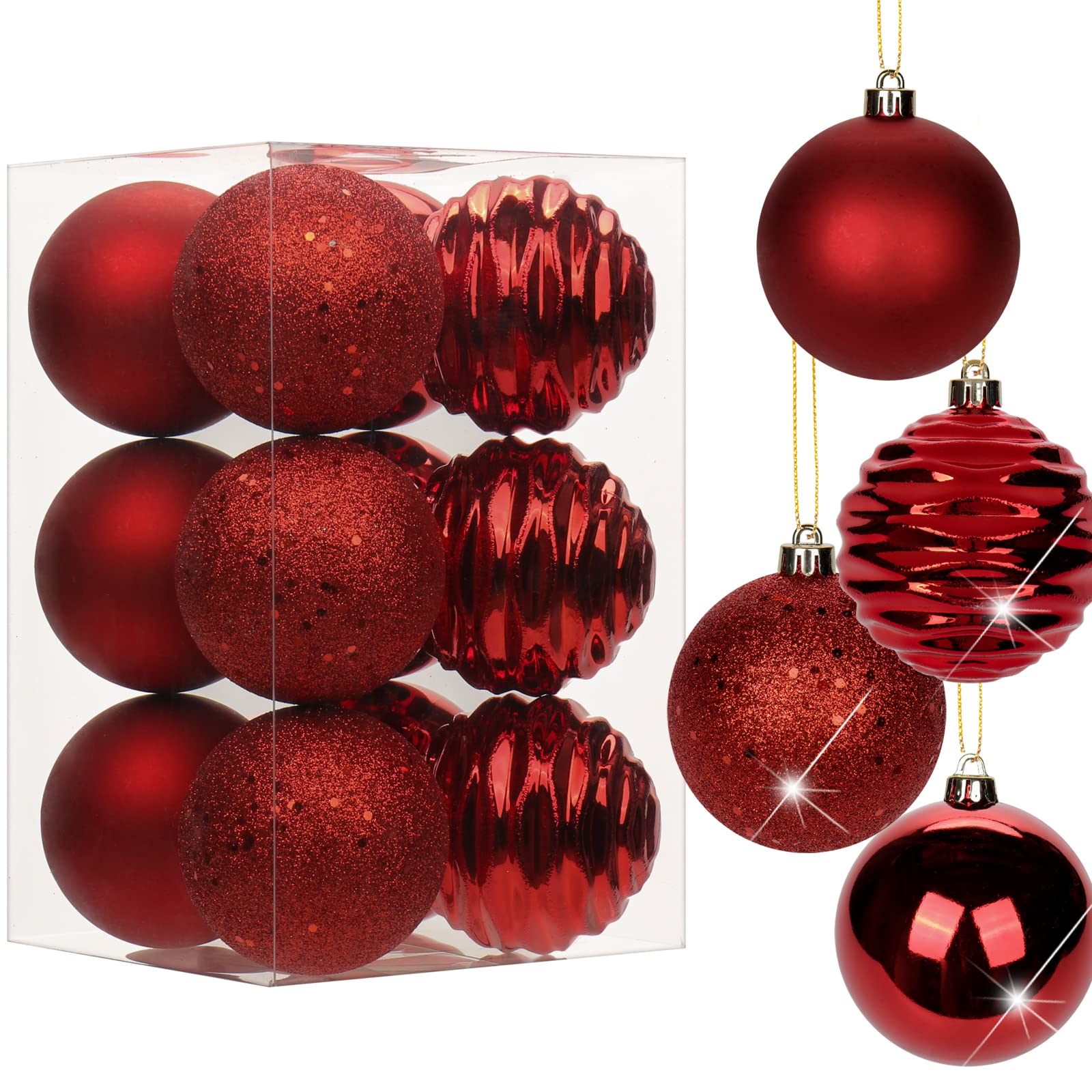 Oairse Bolas de Navidad rojas de 8 cm/3,15", 12 adornos de árbol inastillables con cuerdas para colgar, juego de decoraciones grandes para árbol de Navidad para bodas, vacaciones, fiestas, coronas