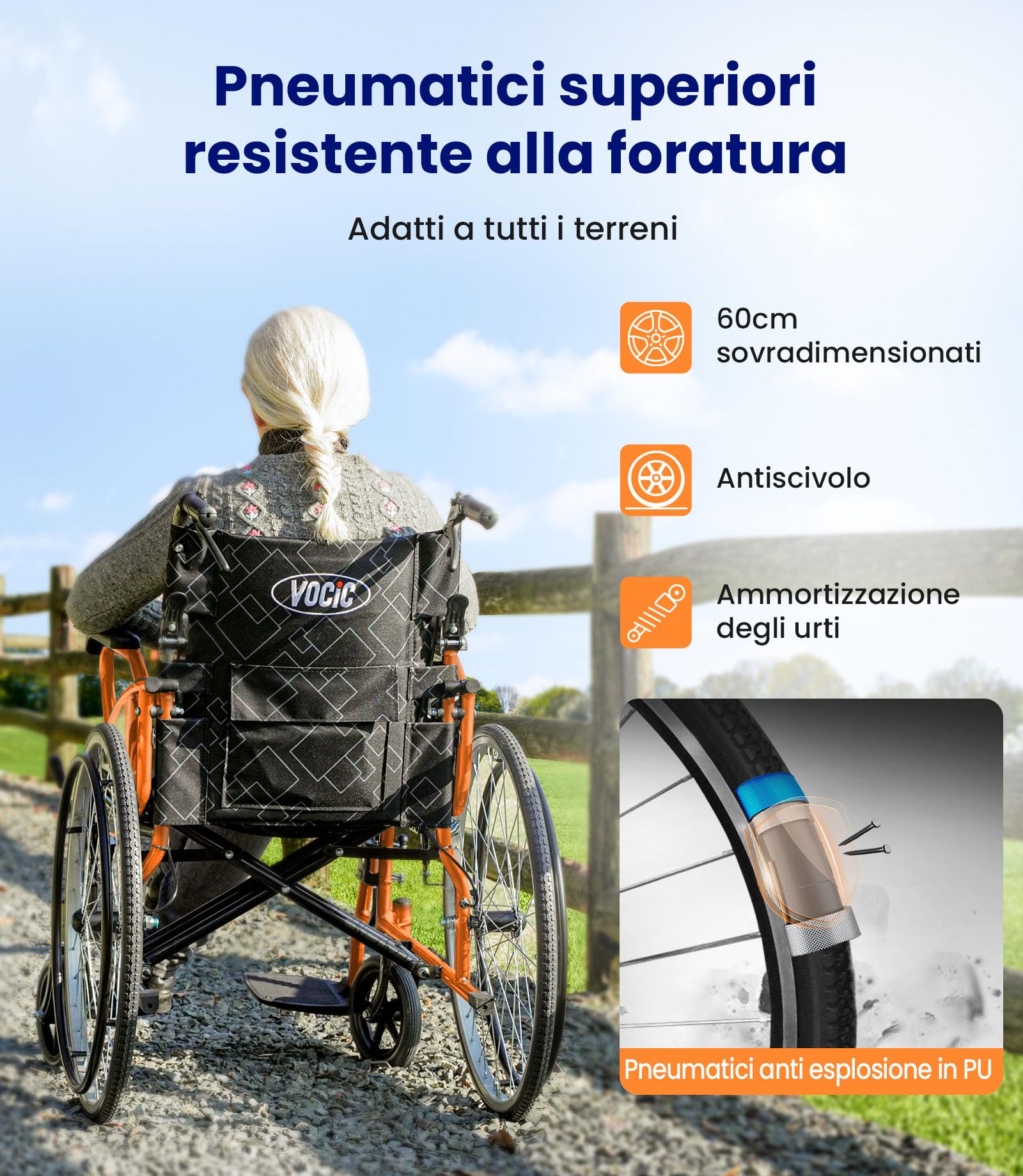 VOCIC U31 - Sedia a rotelle pieghevole leggera, per trasporto fino a 150KG, design a doppia frenata, sedia a rotelle autospinta per anziani (17,5kg), sedia a rotelle da viaggio con ruota posteriore