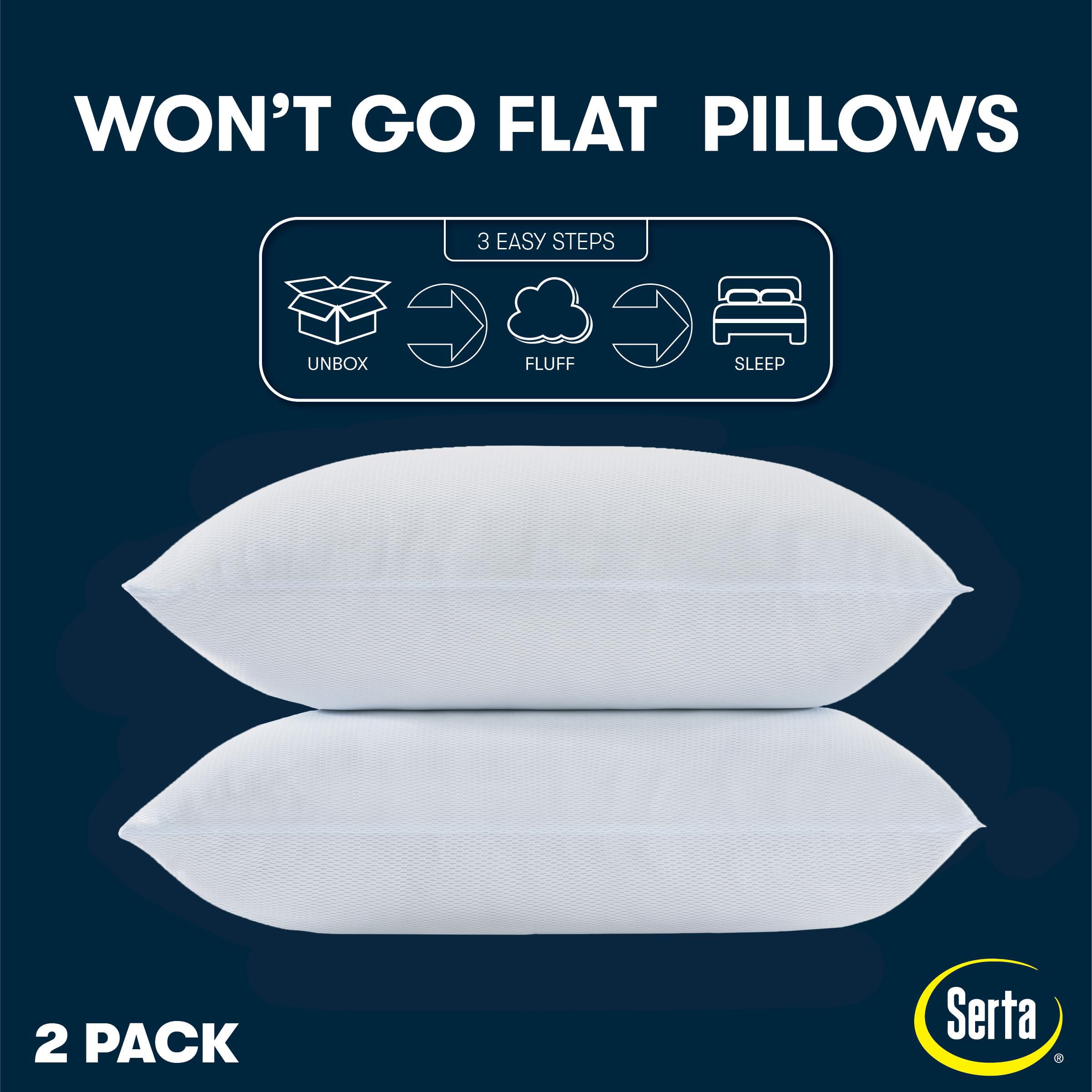 Serta Won't Go Flat Standard/Queen Size Set of 2 Down Alternative Cooling Bed Pillows, Extra Life Foam Core with Medium Support, Perfect for Back, Stomach Or Side Sleepers, Blue 2 Count