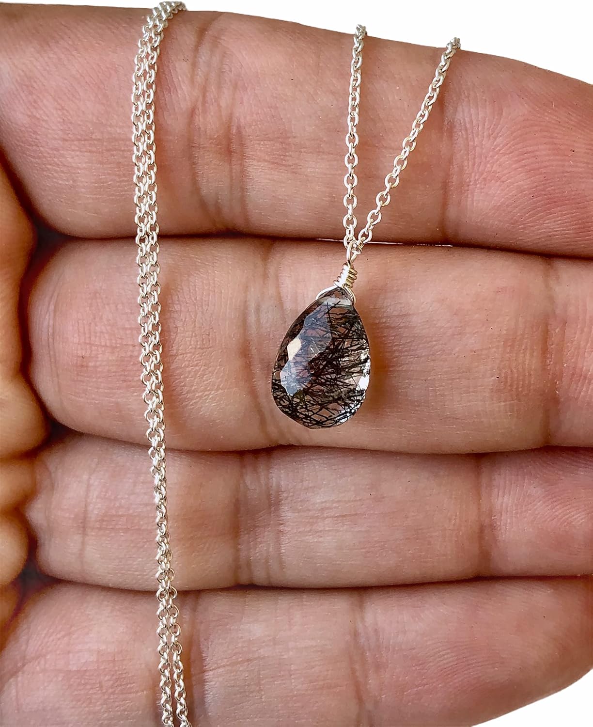 Rutilated Quartz Necklace Dainty Teardrop Pendant Minimalist Boho Jewelry Black Layering Necklace Gift for women - Image 2