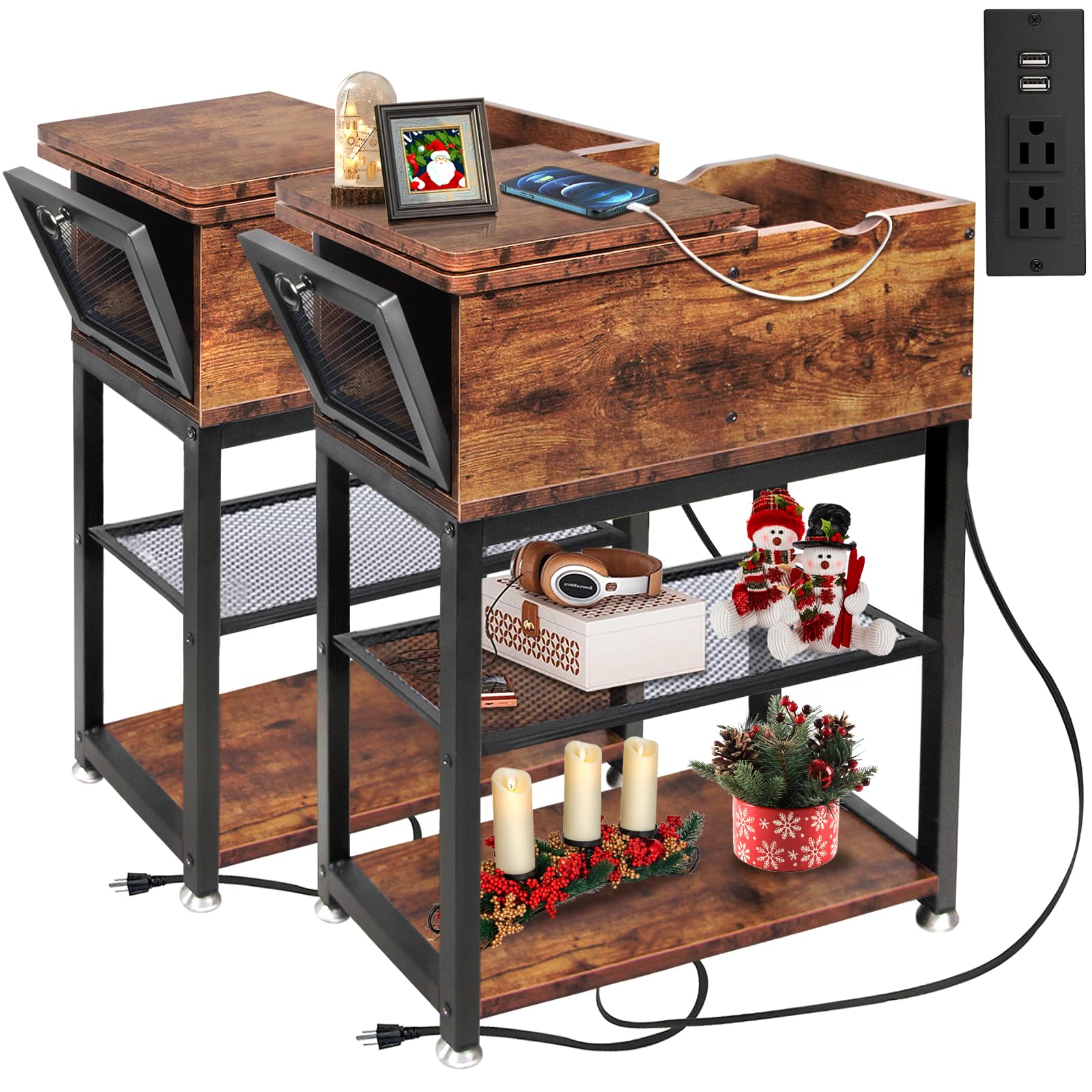 Side Table Living Room with Side Opening and Flip Top, 12" D x 24" W x 28" H, Narrow End Table Rustic End Tables with USB Ports and Outlets, Narrow Side Table(2 Pack)