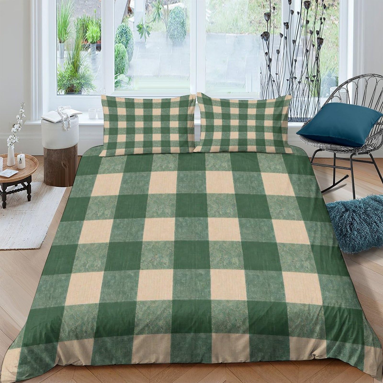 GPLZQXKJNH 3D Printed Green Plaid Duvet Cover Set Microfiber Soft Breathable Check Bedding Set with 2 Pillowcases for Bedroom Single（135x200cm）