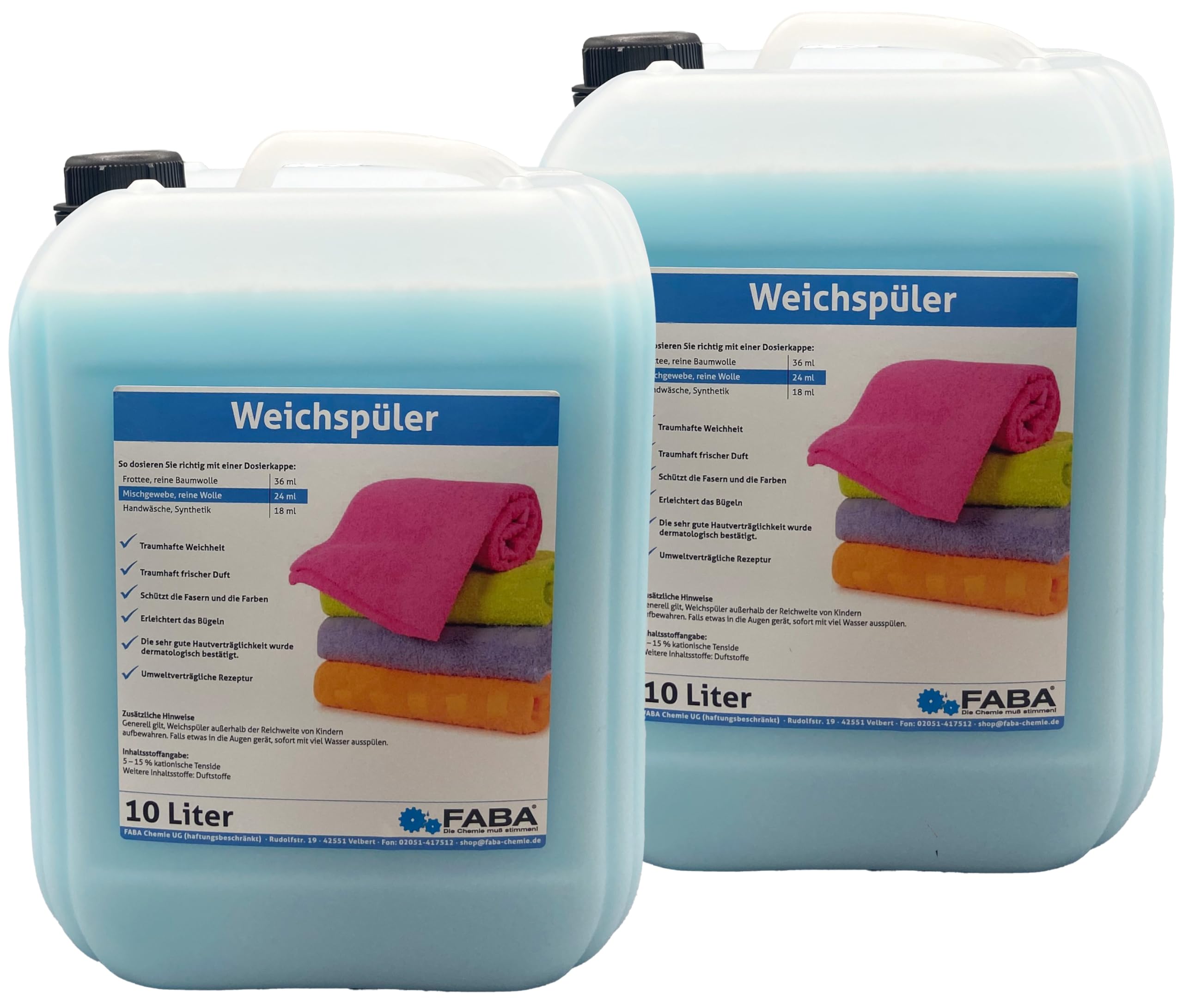 FABA Weichspüler blau 2 x 10 L für weiche Wäsche mit angenehm frischem Duft.