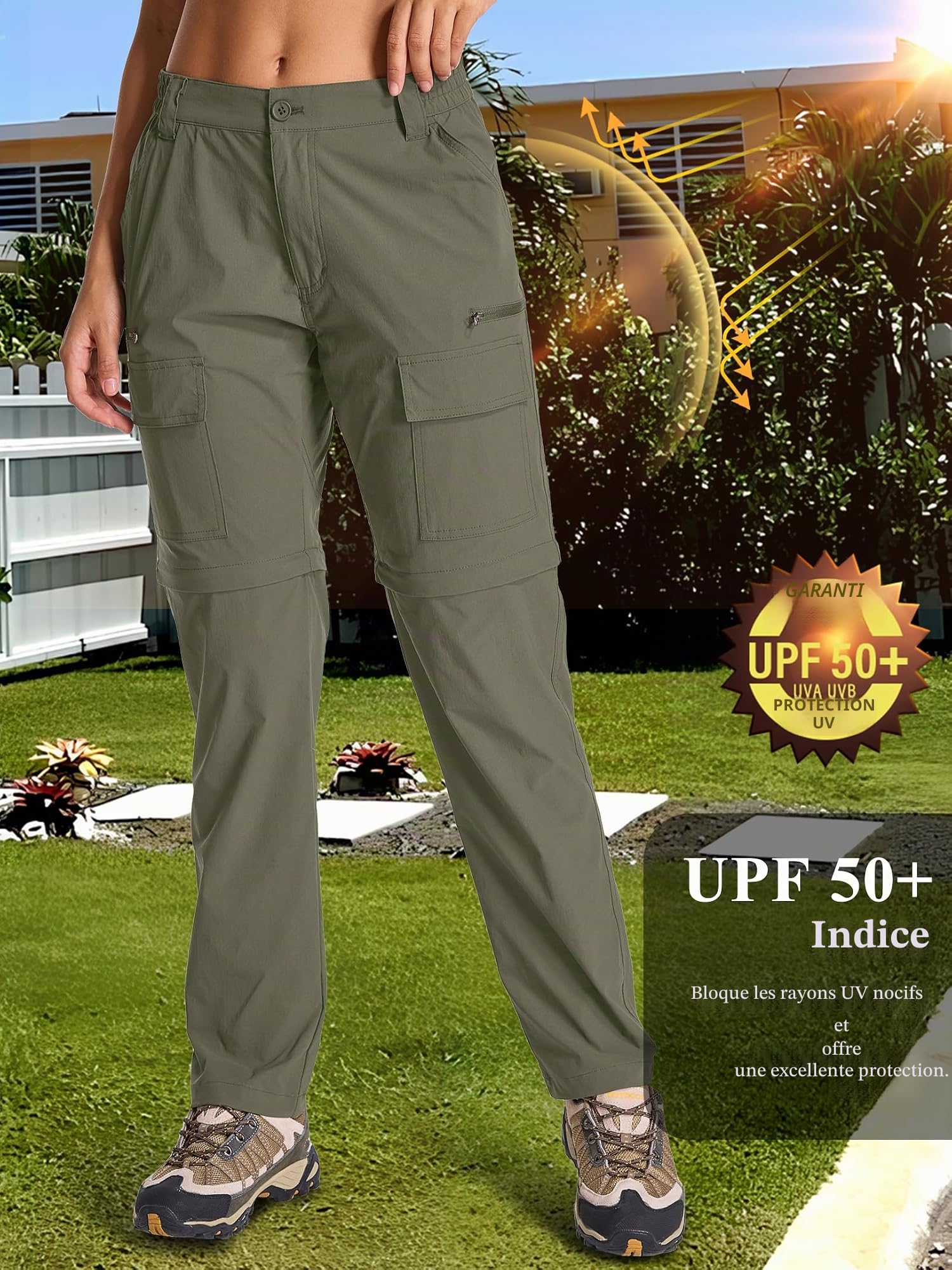 Pantalon de randonnée zippé pour Femme, Convertible léger à séchage Rapide pour Femme léger et Amovible, Respirant et à séchage Rapide idéal pour Le Safari, pour l'été et Le Travail