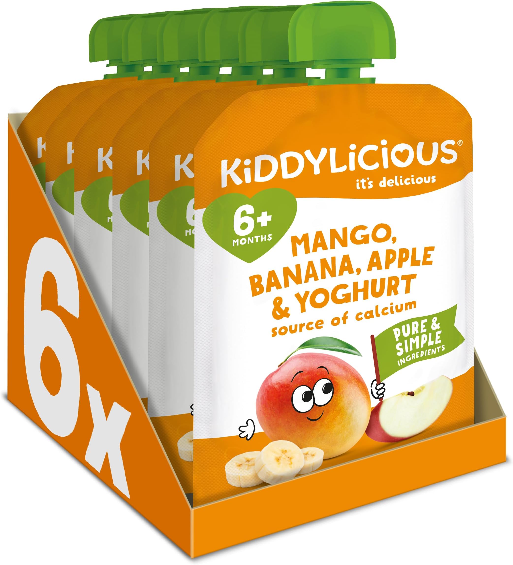 Kiddylicious Mango, Banana & Apple Fruit Pouches - Suitable for 6+ Months - 6 Pack