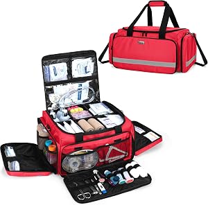 Trunab First Responder Bag Empty, Professional Medical Supplies Bag, Red | First Aid Kits Bag with Inner Dividers and Anti-slip Bottom for Home Health Nurse, Community Care, EMT, EMS, Bag Only