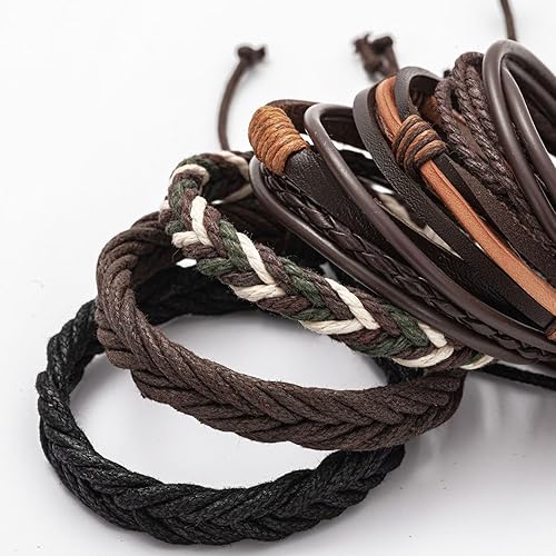 Miniatura 7 de PINKPIN Adjustable Braided Leather Bracelets for Men Women Wrap Cuff Bracelet Cords Ethnic Tribal Handmade Wrap Wristband Bracelets Set