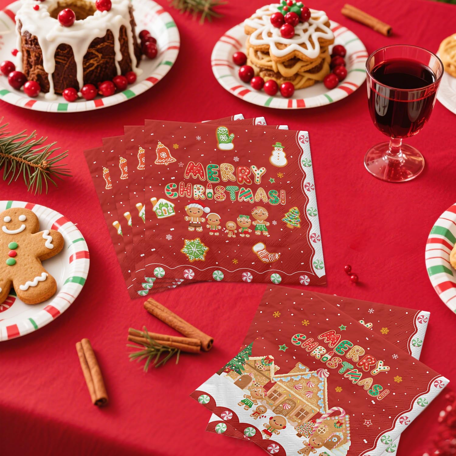 100 servilletas de Navidad de pan de jengibre, 13 x 13 pulgadas, copos de nieve, servilletas de papel para almuerzo, servilletas rojas de Papá Noel, para Año Nuevo, invierno, vacaciones, suministros