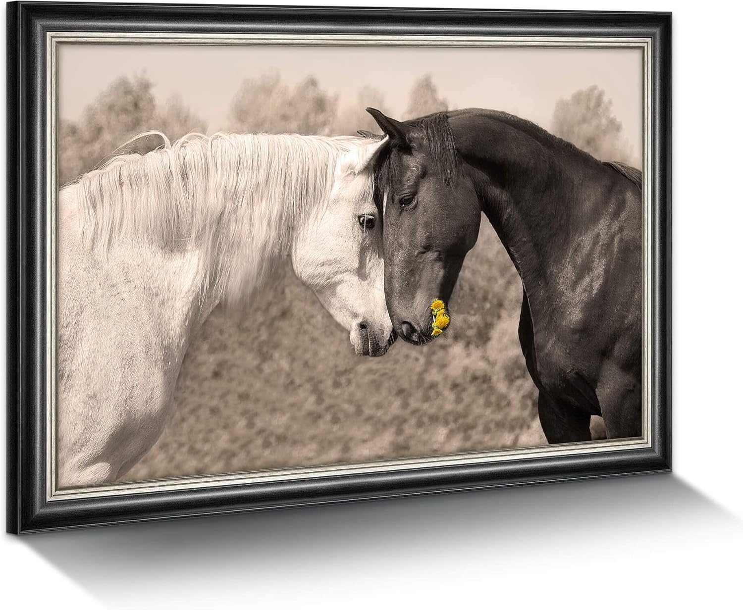 Country Horse Canvas Wall Art: Black Framed Couple Horses Office Painting White Elegant Steeds Portrait Prints Farm Native Wildlife Head Artwork Modern Rustic Animal Picture for Living Room 36”x24” Black White Horse