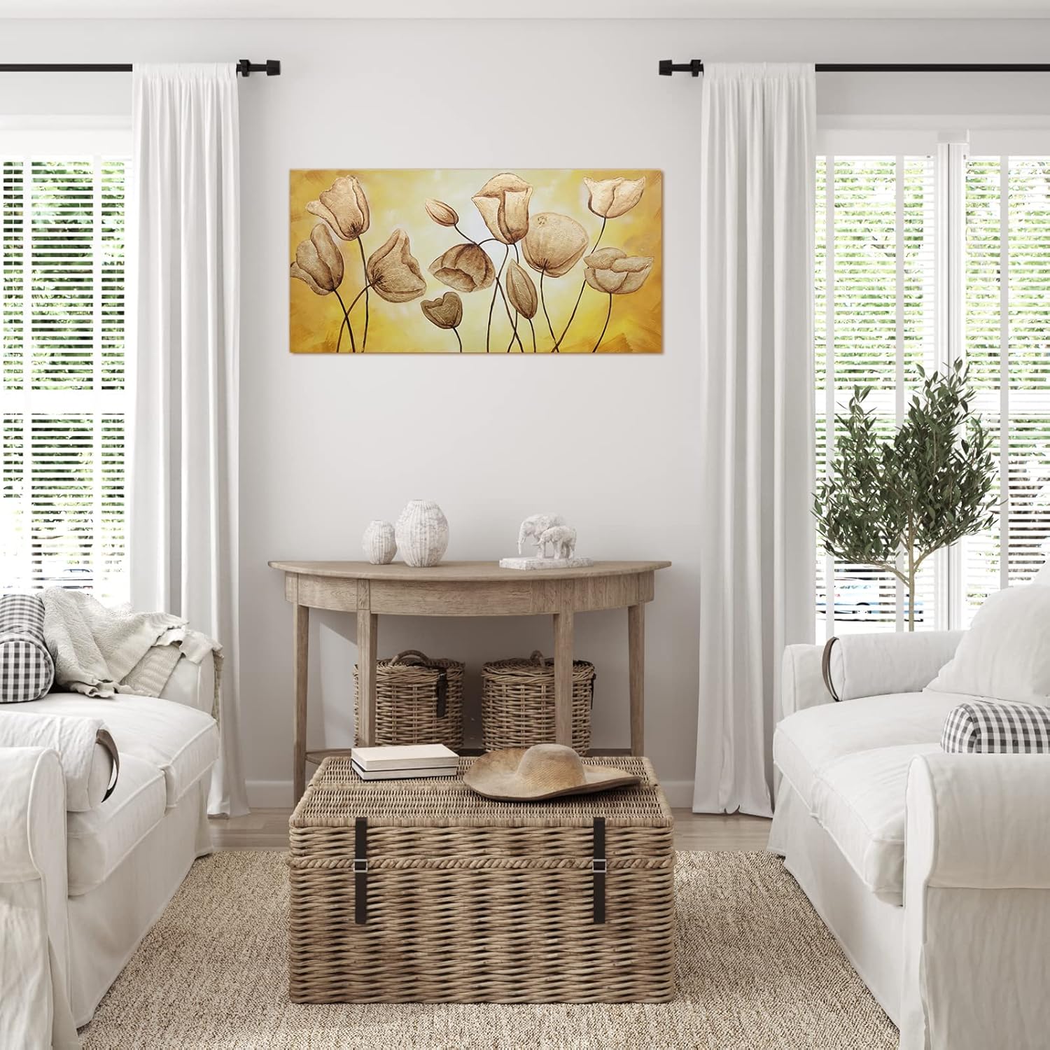 DONKIAKA Modern Wall Art Canvas,Hand-painted Oil Floral Paintings with Framed,3D Large Wall Art Decor for Livingroom,Gallery,Office(24 * 48inch)