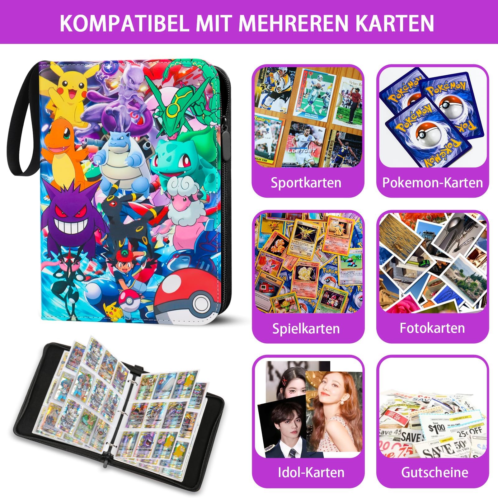 Sammelkarten Album für pokemon Karten,900 Karten Kapazität Karten Sammelalbum,PU Tragbar Wasserdicht Karten Sammelhalter Heft Ordner Buch,50 Pcs Seite - 2