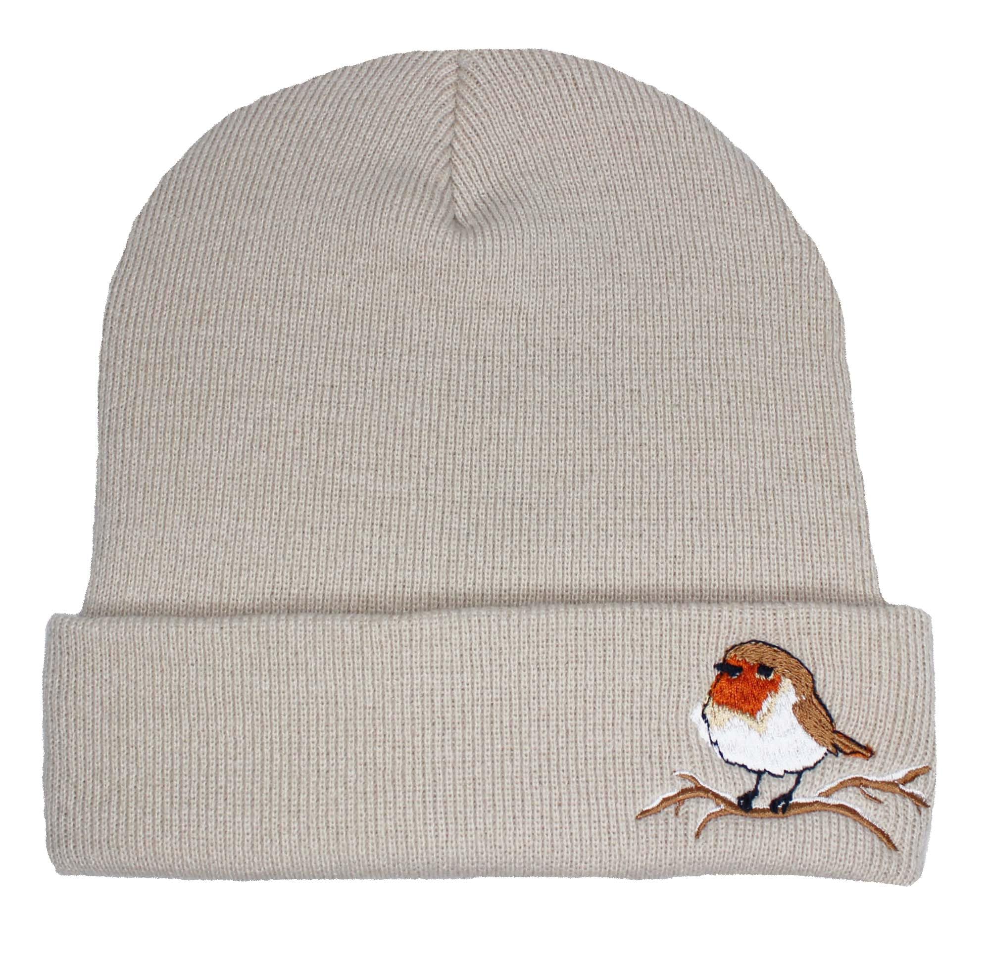 TeddyT's Ladies Robin Design Embroidered Thermal Knit Beanie Hat (Natural)