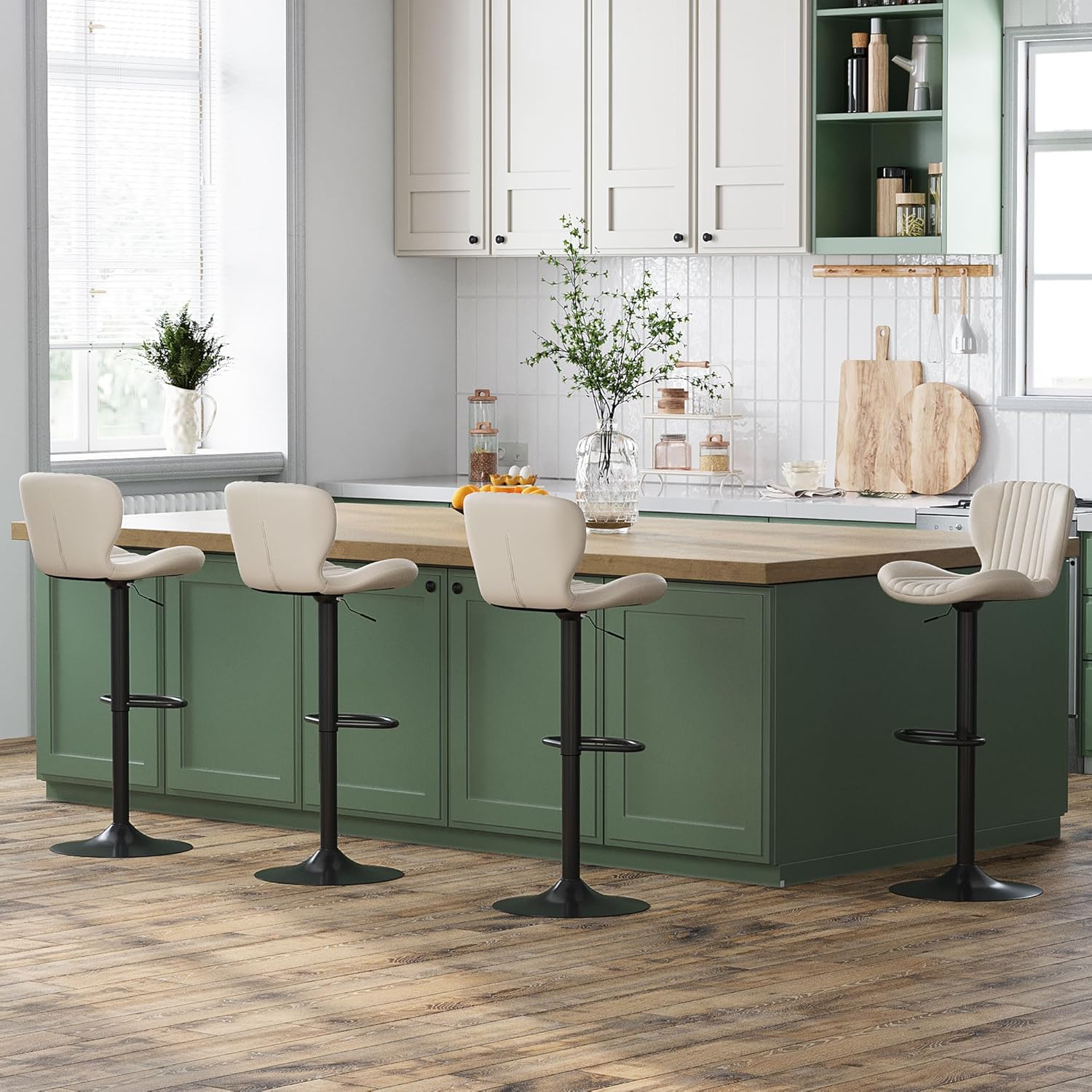 JAMFLY Bar Stools Set of 4, Swivel Bar Height Chairs Set of 4, Adjustable Tall Leather Bar Stools for Kitchen Island, Beige