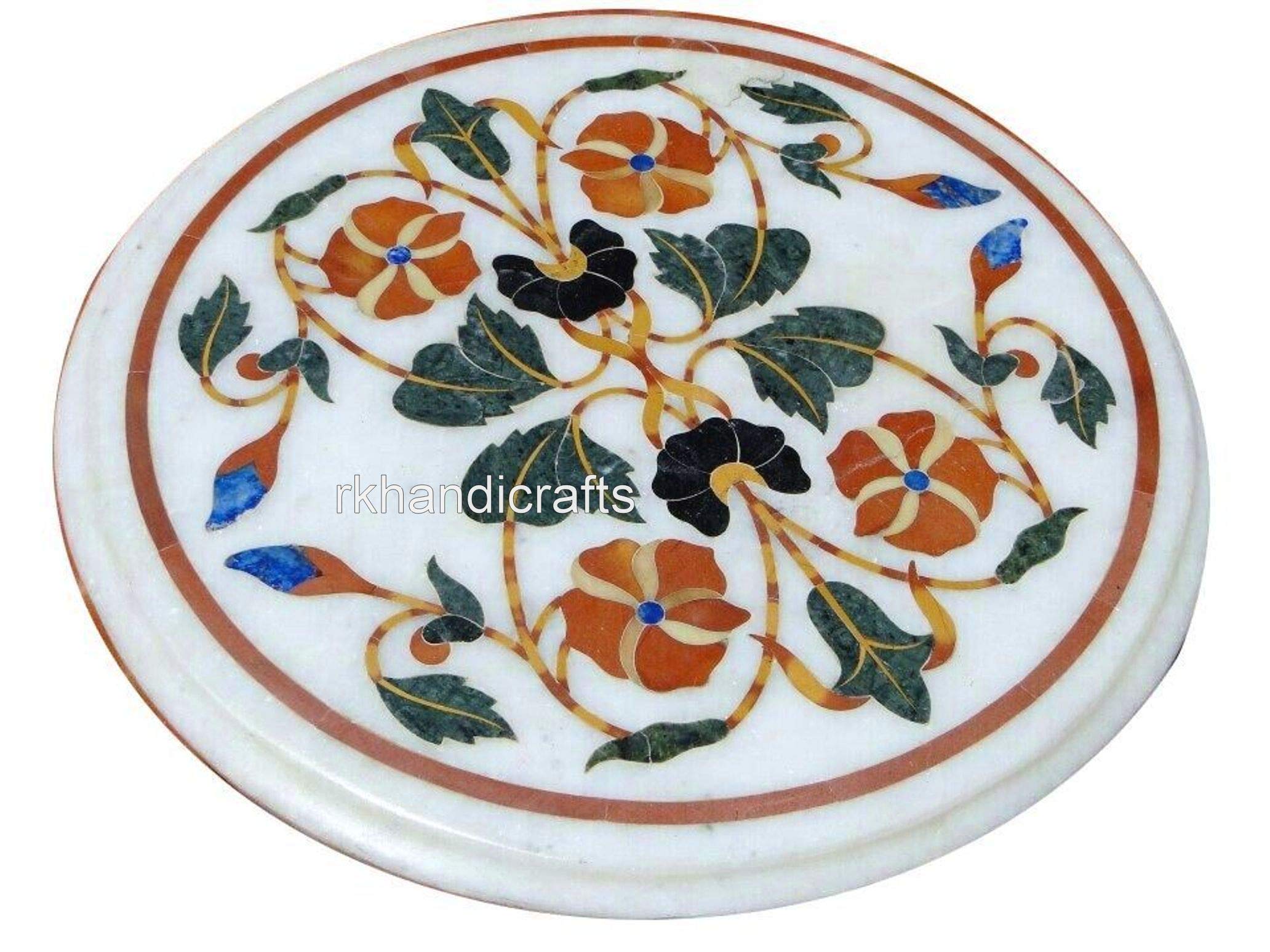 12 x 12 Inches Multicolor Stones Work Coffee Table Top for Cafe Outdoor Area Decor White Marble Round Shape Sofa Center Table from Indian Art ansd Crafts