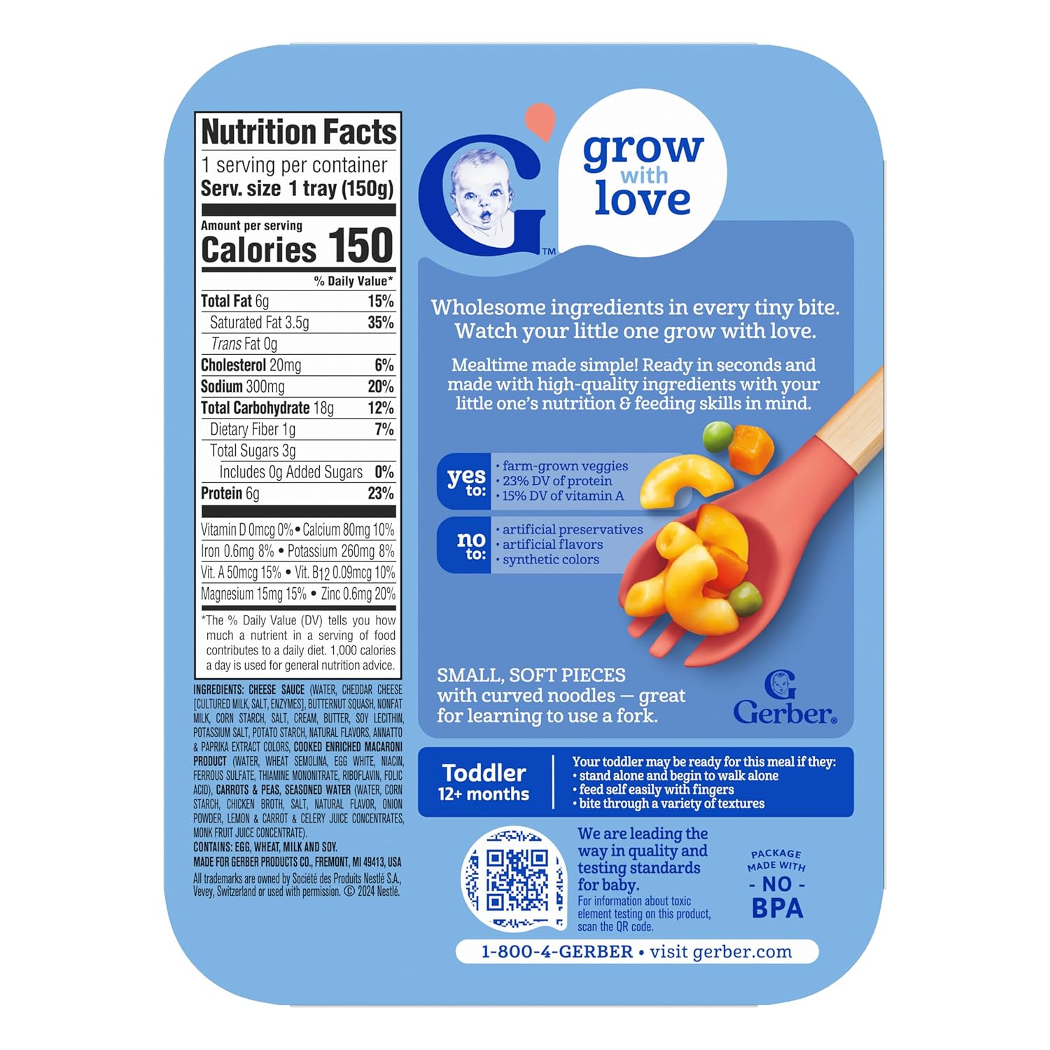 Gerber Mealtime for Toddler Macaroni & Cheese with Side of Seasoned Peas & Carrots, Made with Real Cheddar Cheese & Farm Grown Veggies (6.6 Ounce (Pack of 4))