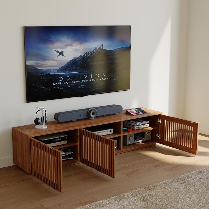 POVISON Full Assembled Mid Century Modern TV Stand, Wood Slatted Media Console for 65 inch TV, Entertainment Center with Storage for Living Room, Low Cabinet with Removable Shelves image 5