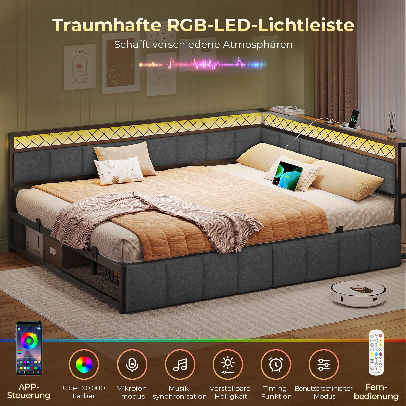 AOGLLATI Polsterbett Schlafsofa 140x200 mit USB-Steckdosen und LED-Beleuchtung Jugendbett 140x200 mit 2 Schubladen,Tagesbett Gästebett Bettgestell mit Lattenrost,Ohne Matratze(Grau,140x200cm)