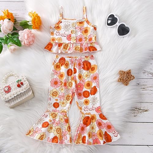 Miniatura 2 de Goodplayer Conjunto de ropa de verano para niñas pequeñas, sin mangas, con botones, pantalones florales acampanados, conjunto de ropa de verano para